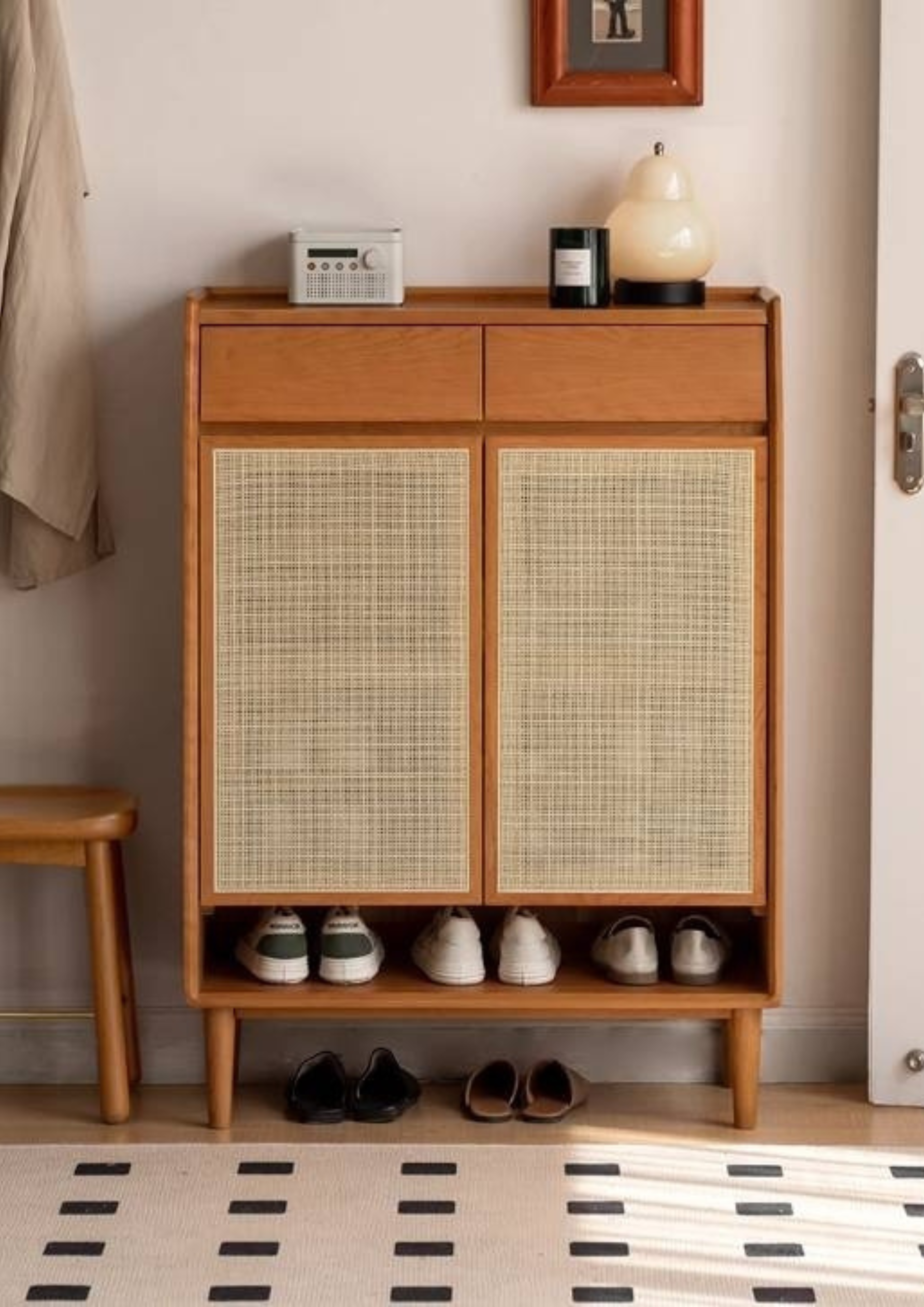 Сherry, Oak Solid Wood Rattan Locker Shoe Cabinet