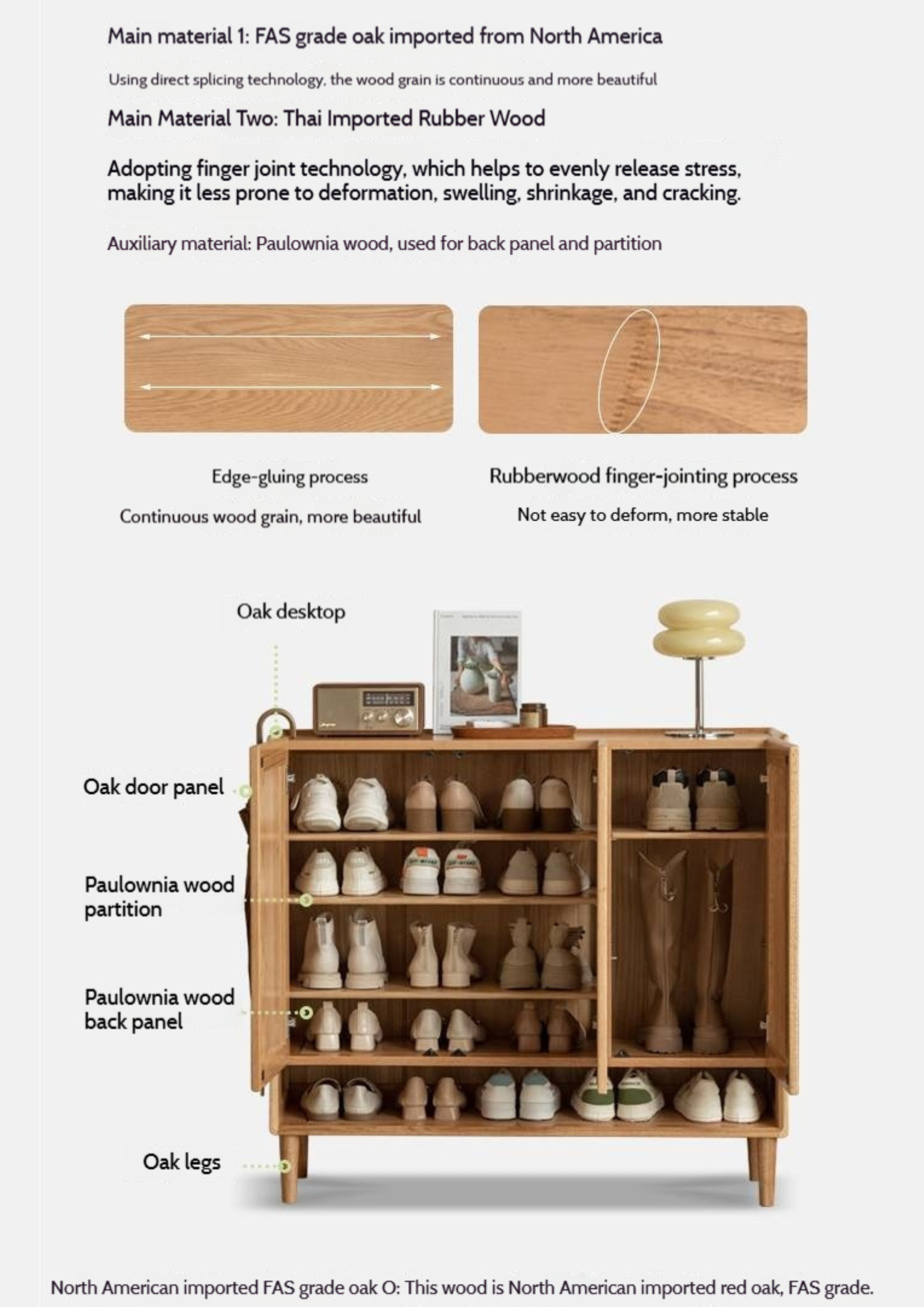 Oak, Solid Rubber Wood Shoe Cabinet