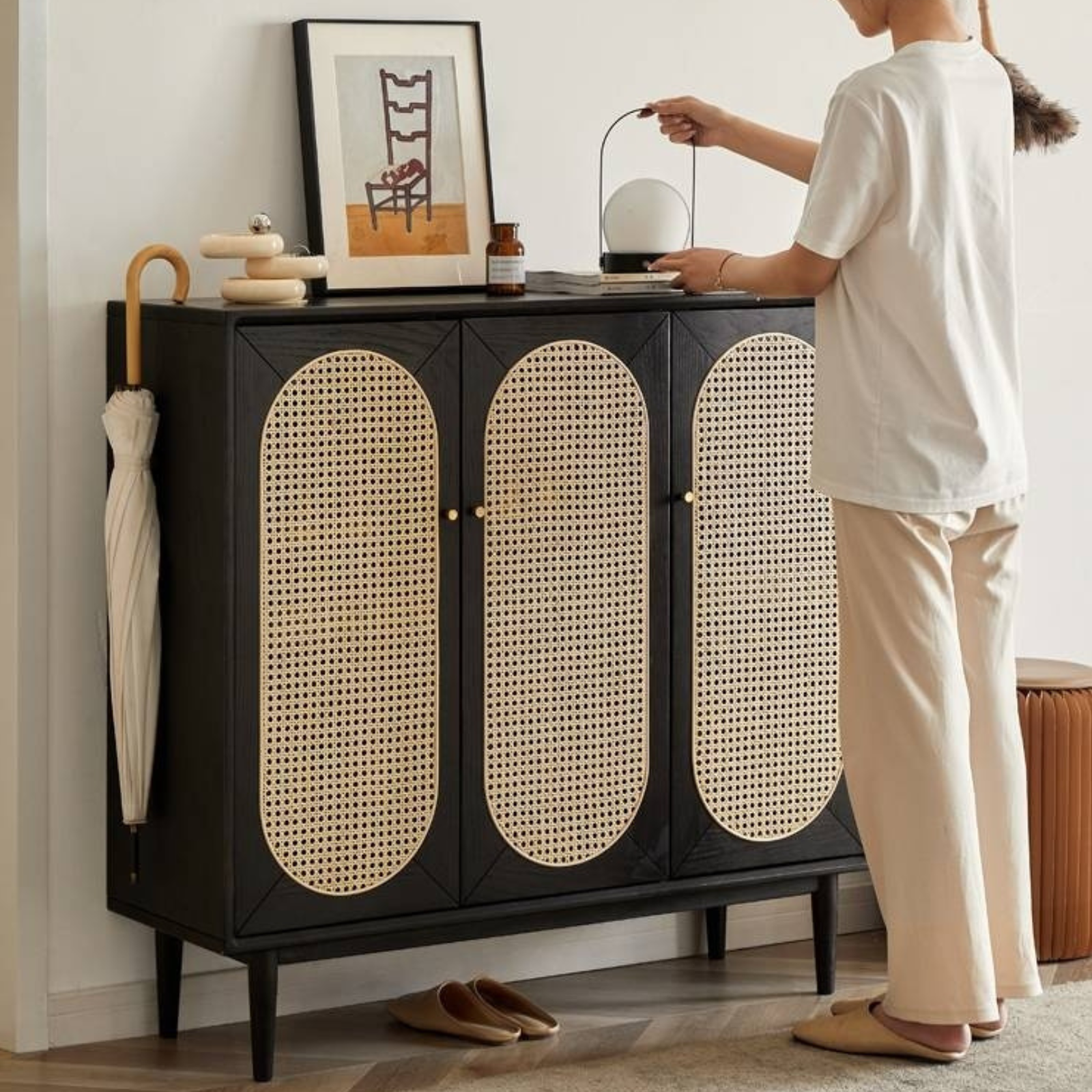Oak Solid Wood Black Rattan Shoe Cabinet