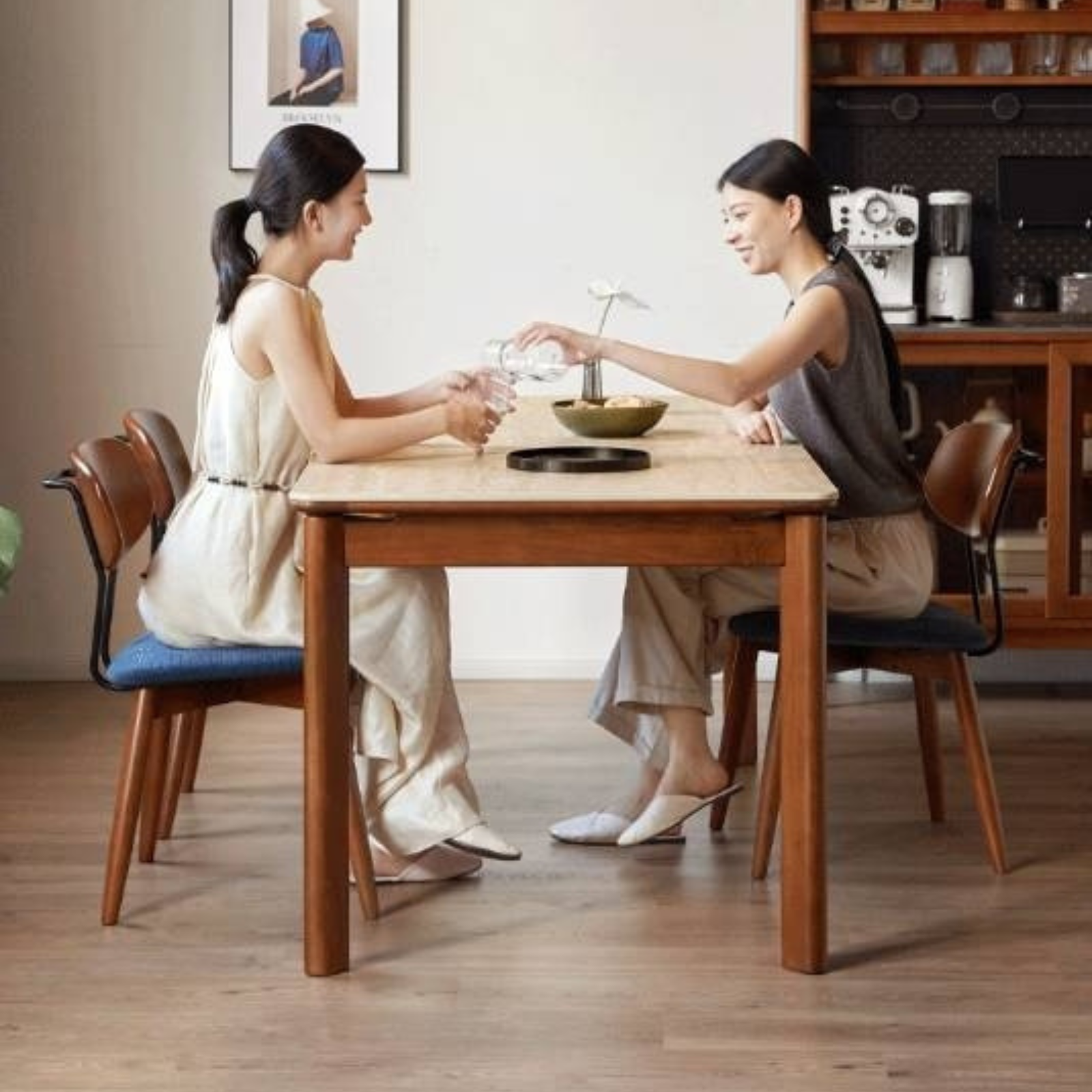 Tulipwood Solid Wood Vintage Style Restaurant Stone Slab Dining Table