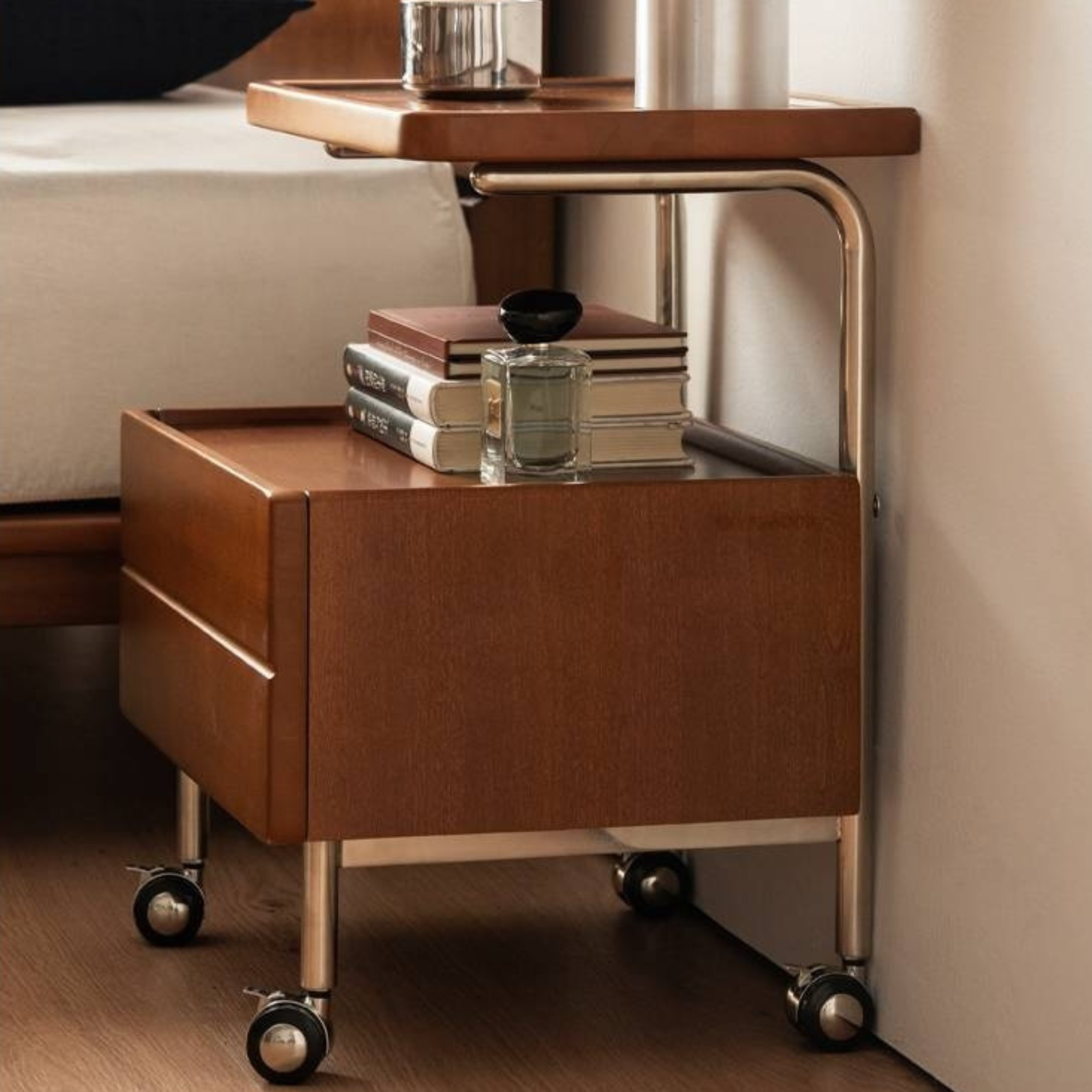 Poplar Solid Wood Vintage Style Mobile Nightstand