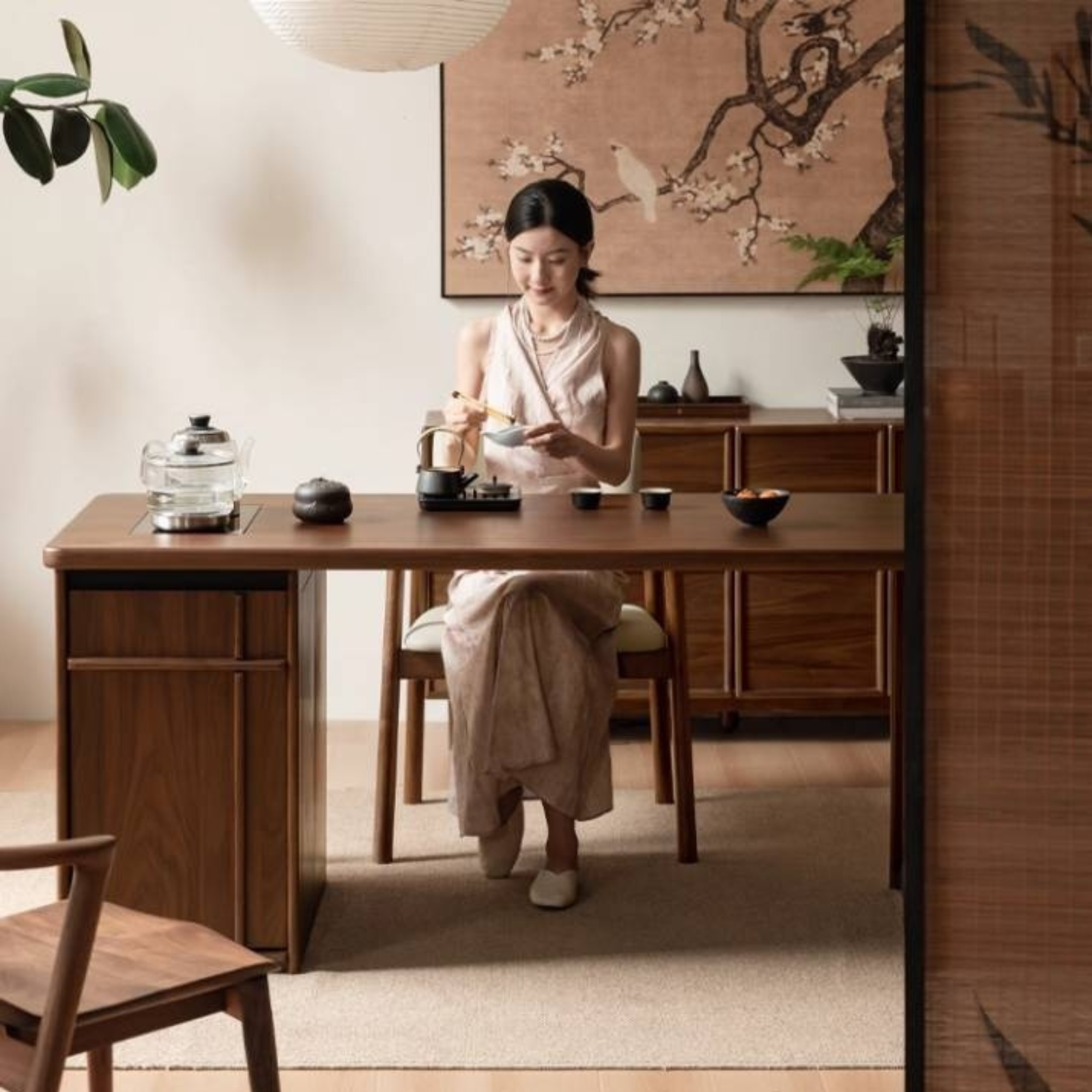 Black Walnut Solid Wood Rectangular Tea Table with Tea Tray