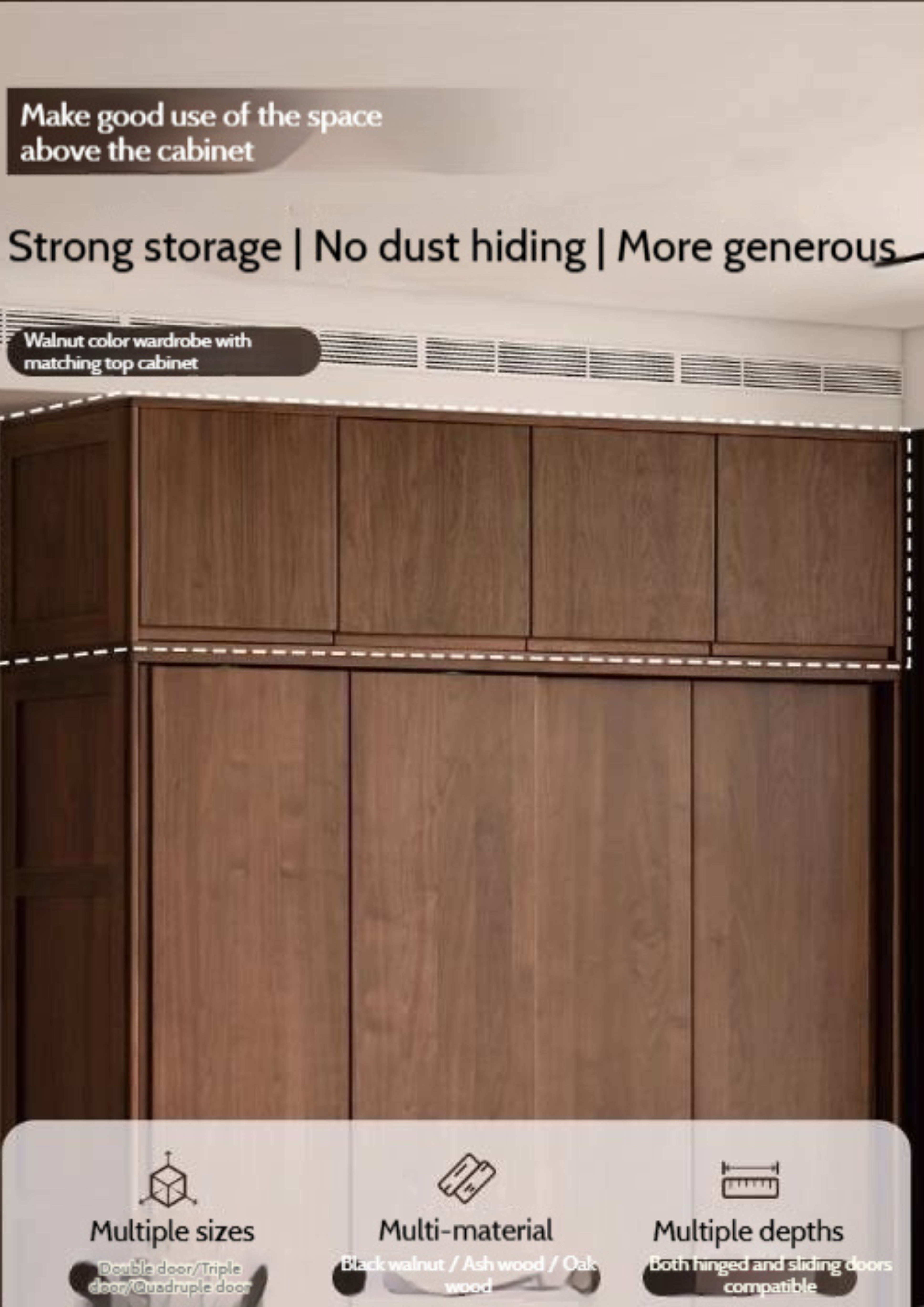 Black Walnut, Ash, Oak Solid Wood  Light Luxury Wardrobe Top Cabinet