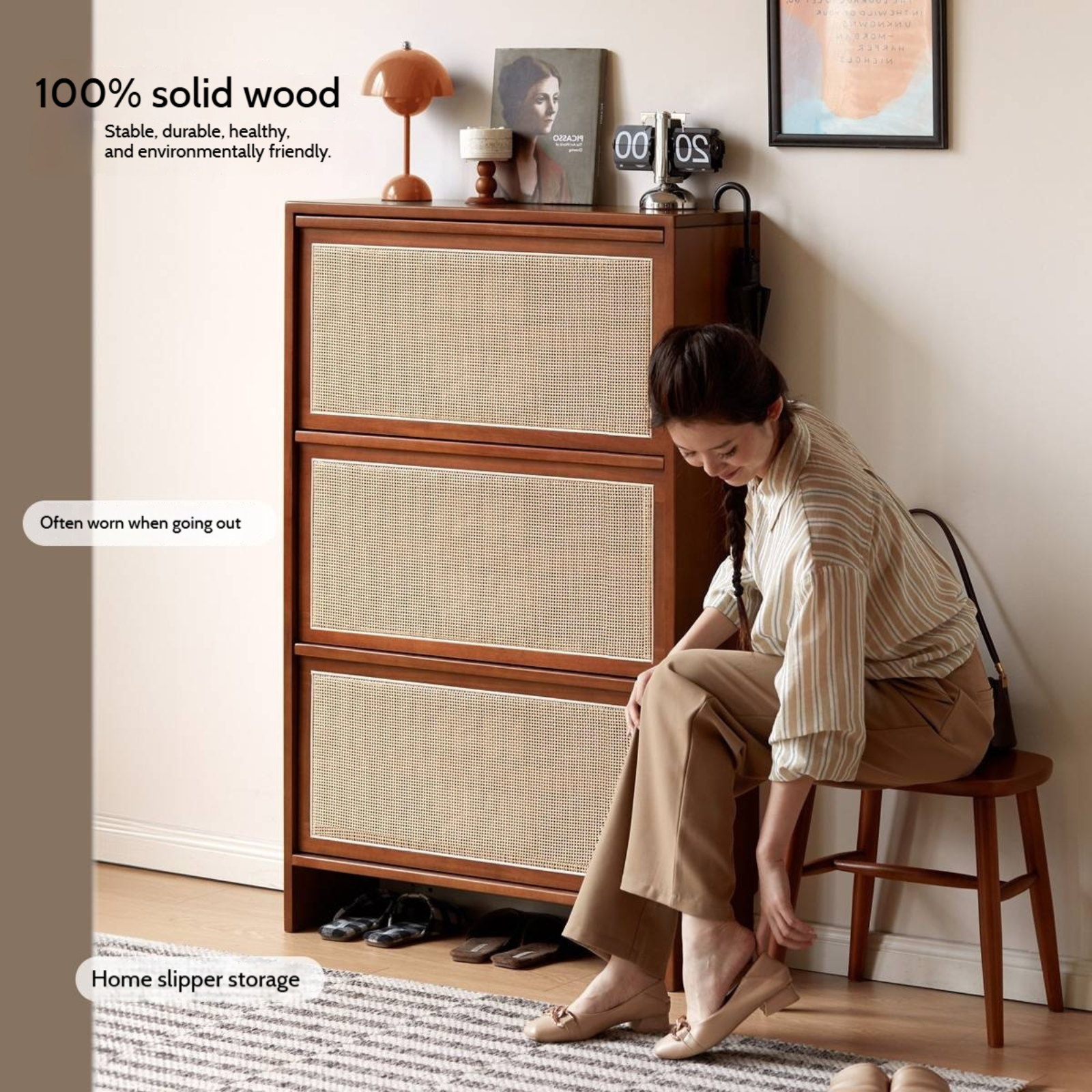 Tulipwood Solid Wood Rattan Shoe Cabinet Antique Style