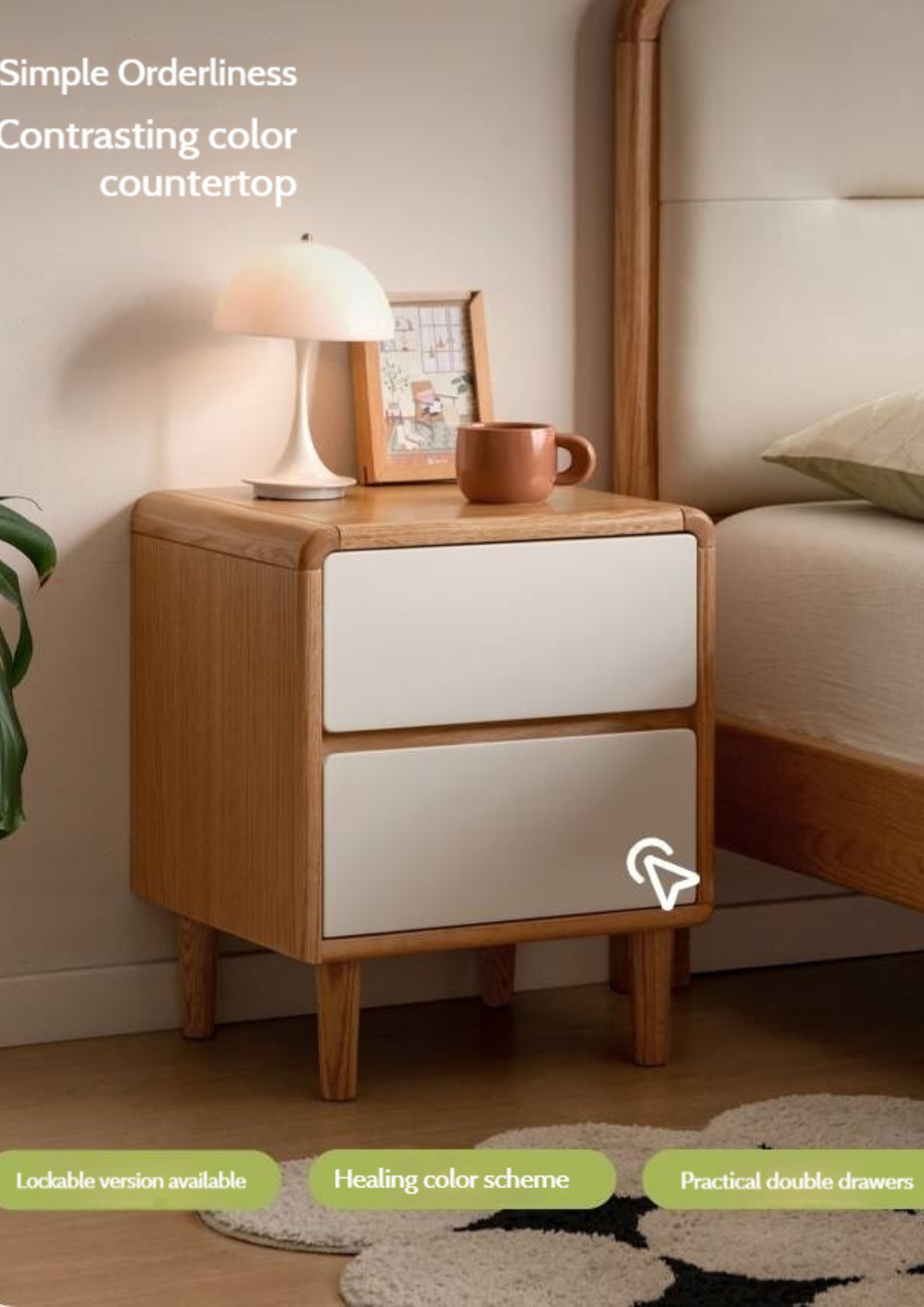 Beech Solid Wood White Cream Style Nightstand