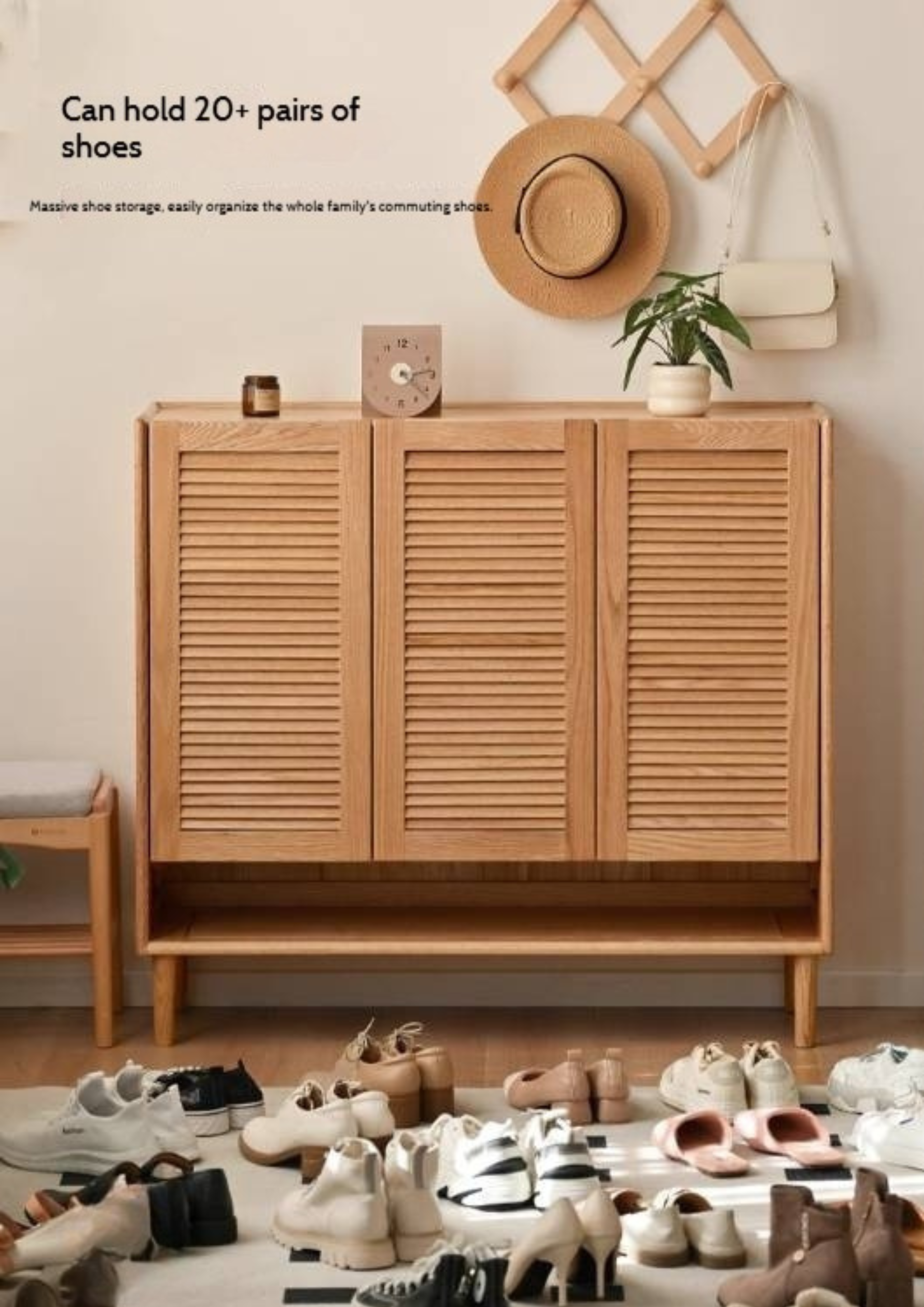 Oak, Solid Rubber Wood Modern Shoe Cabinet