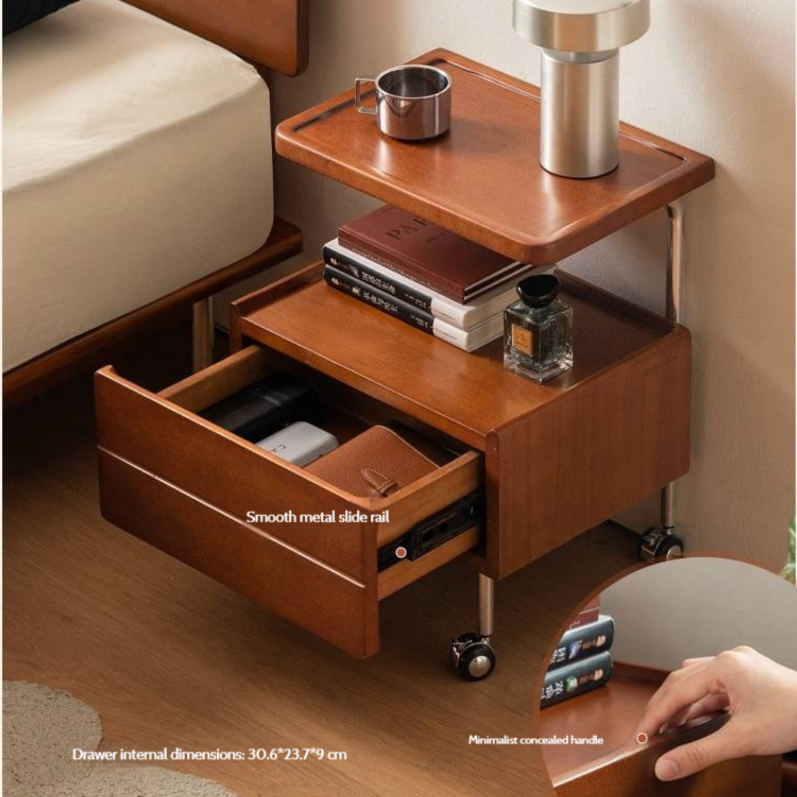 Poplar Solid Wood Vintage Style Mobile Nightstand