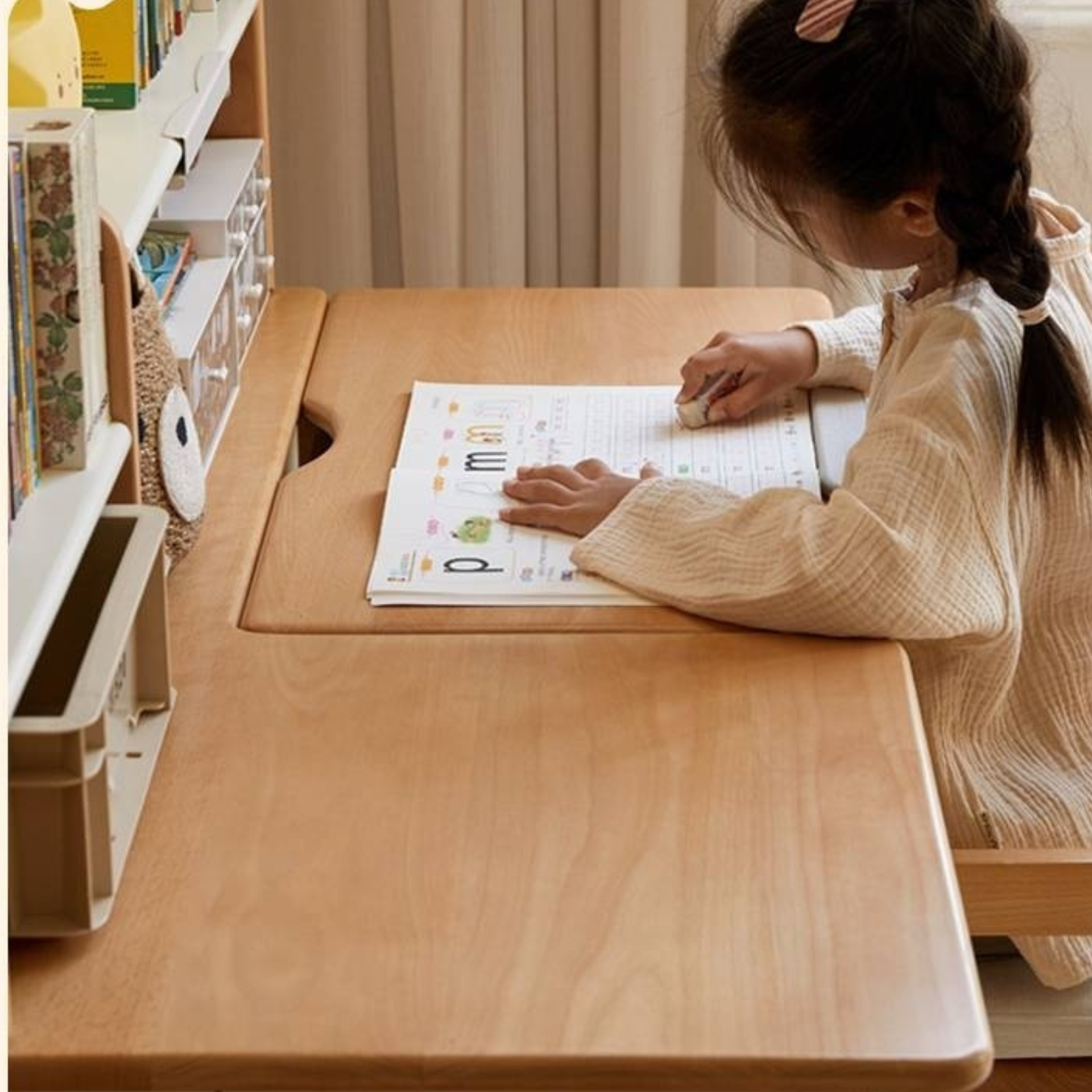 Beech Solid Wood Height Adjustable Children's Learning Desk with Eye-Protection Lamp