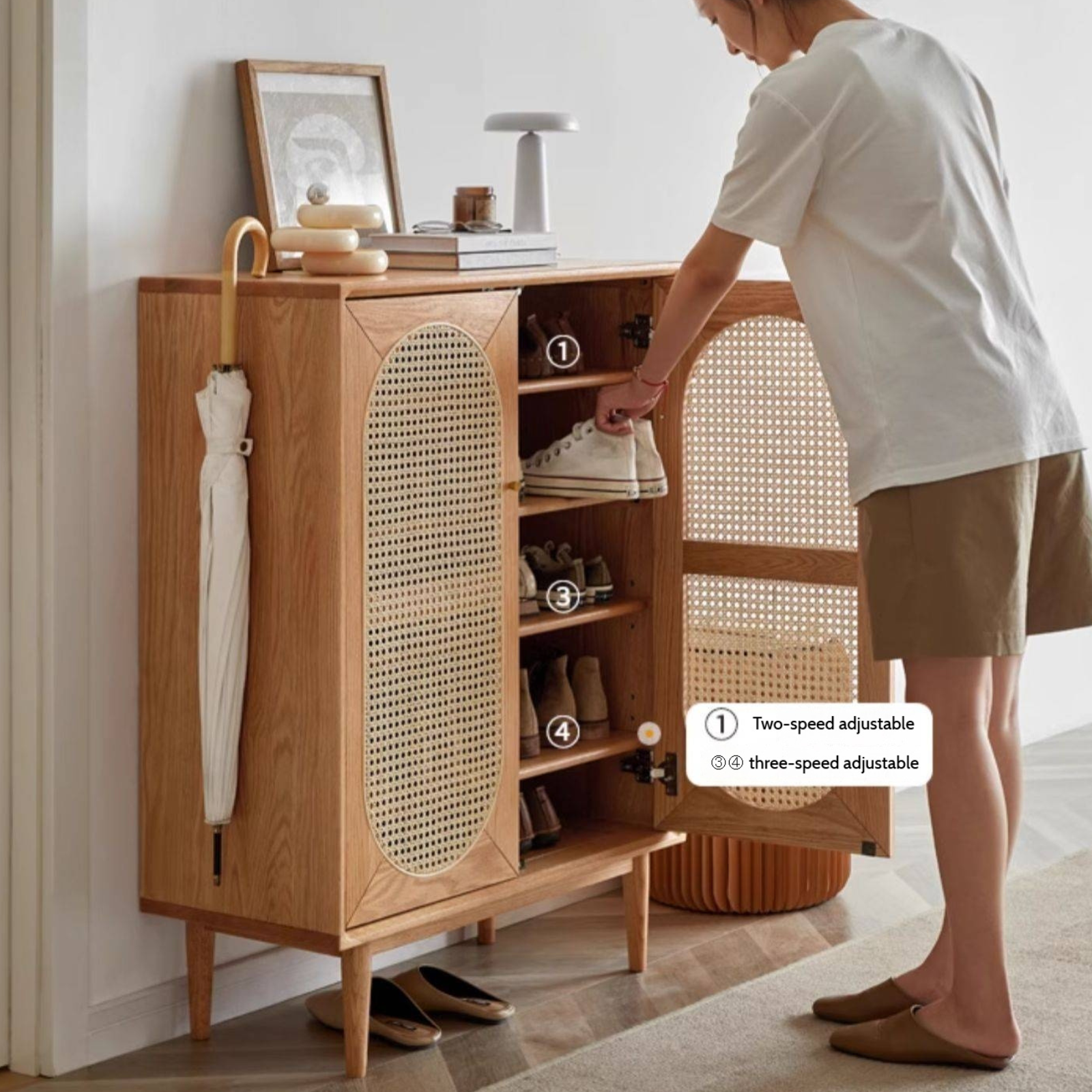 Oak Solid Wood Rattan Shoe Cabinet