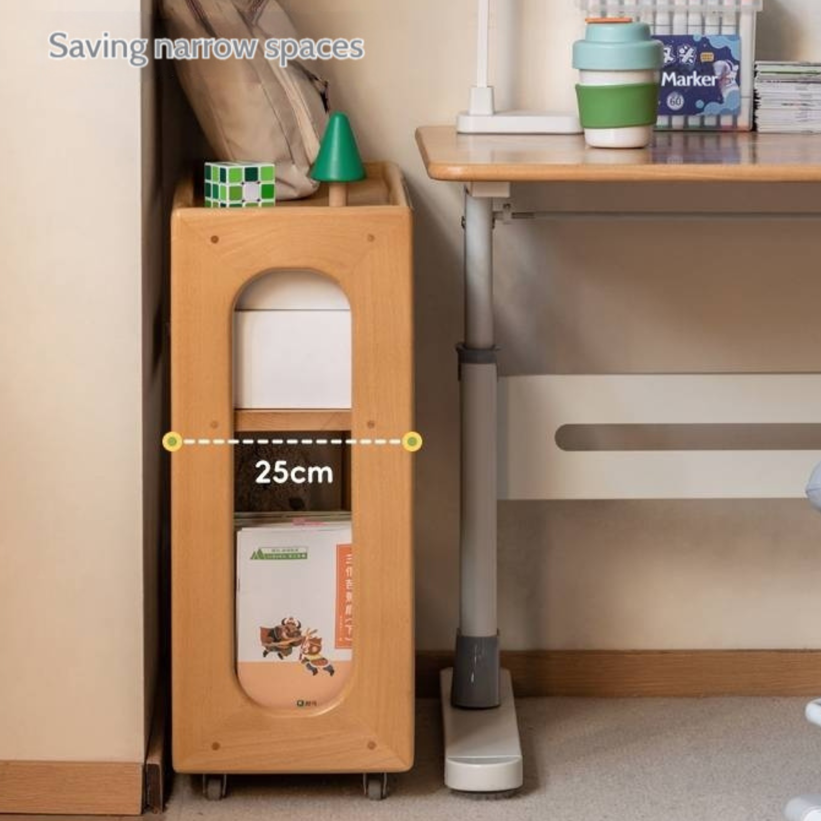 Beech Solid Wood Movable Children's Montessori Under-Table Bookshelf with Wheels