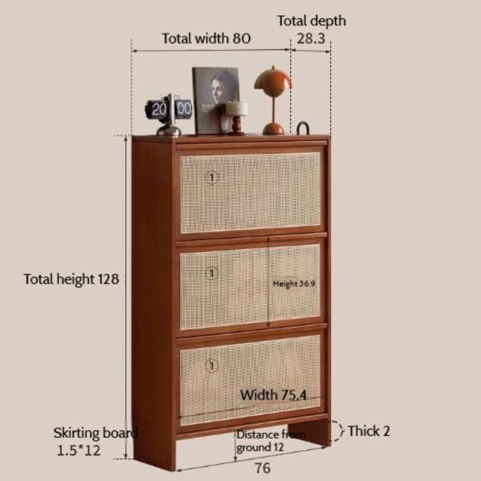 Tulipwood Solid Wood Rattan Shoe Cabinet Antique Style