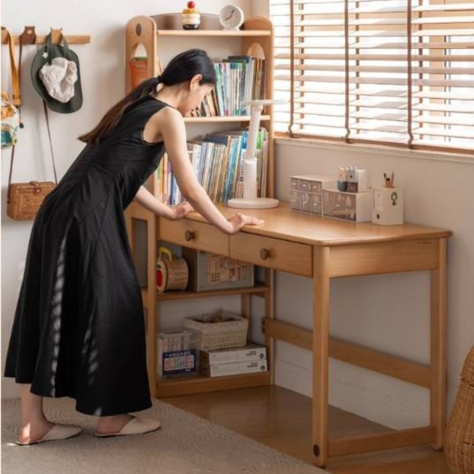 Beech Solid Wood Children's Desk and Bookshelf