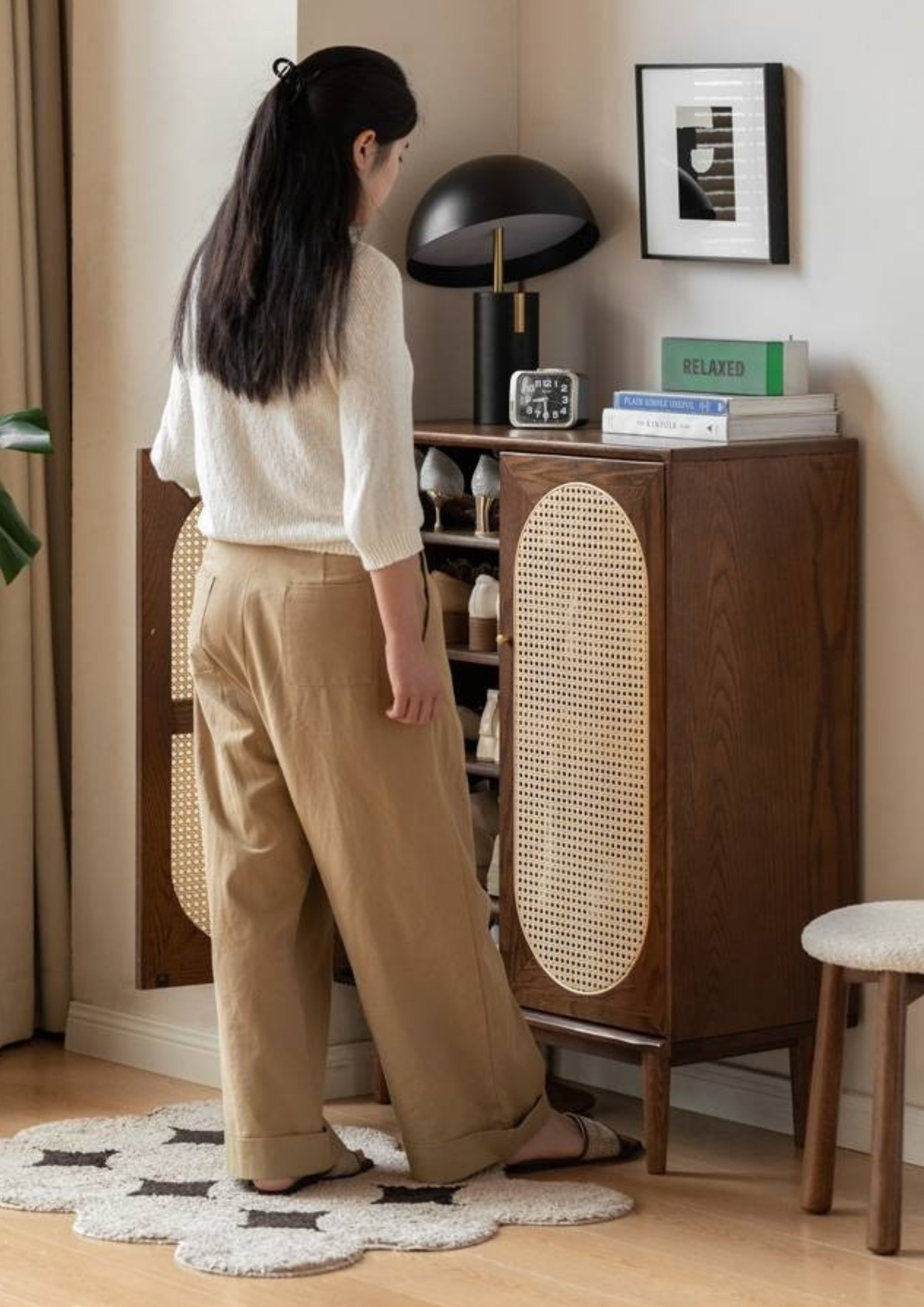 Oak Solid Wood Rattan Wall-Mounted Shoe Cabinet