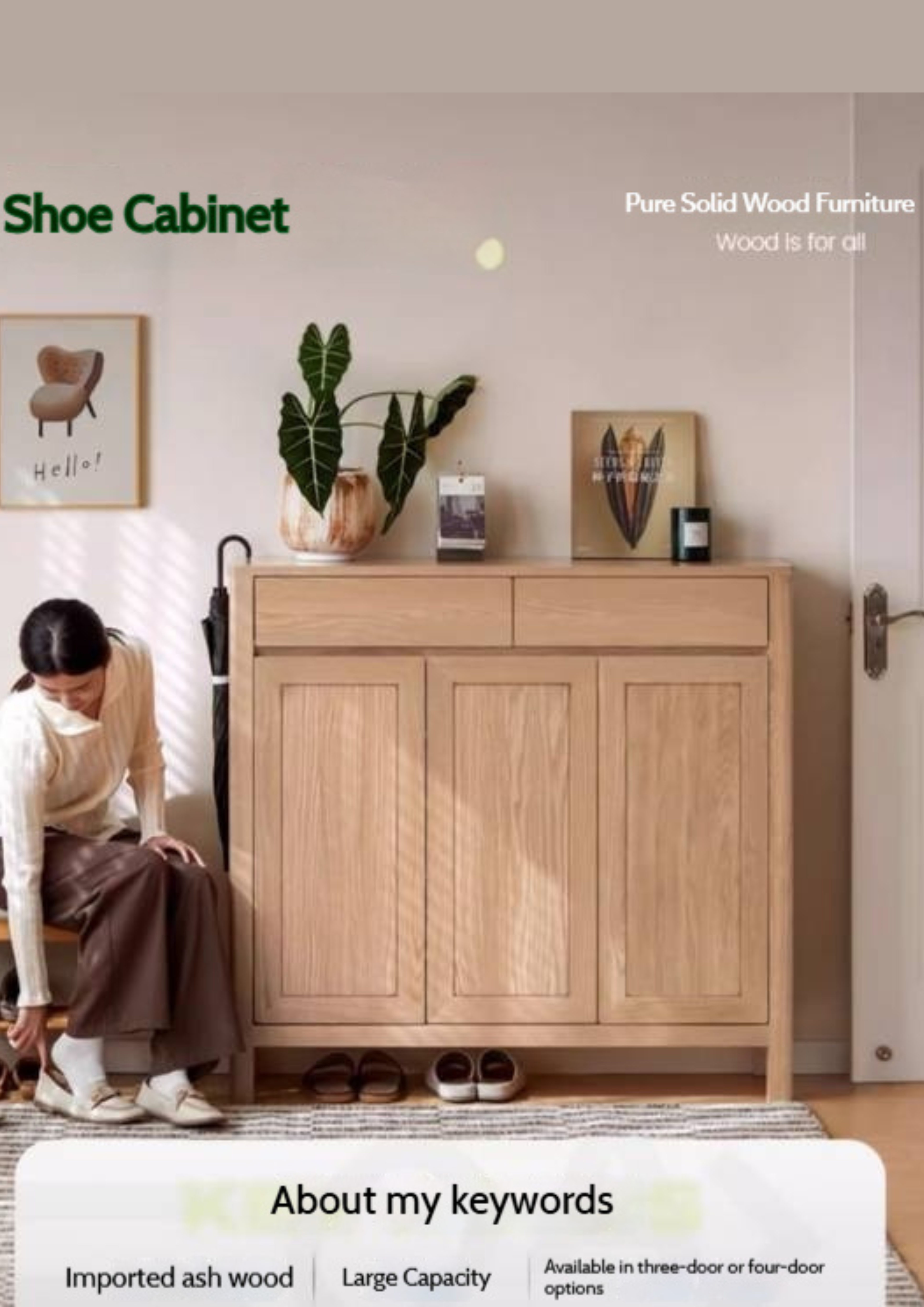 Ash Solid Wood Modern Large Shoe Cabinet