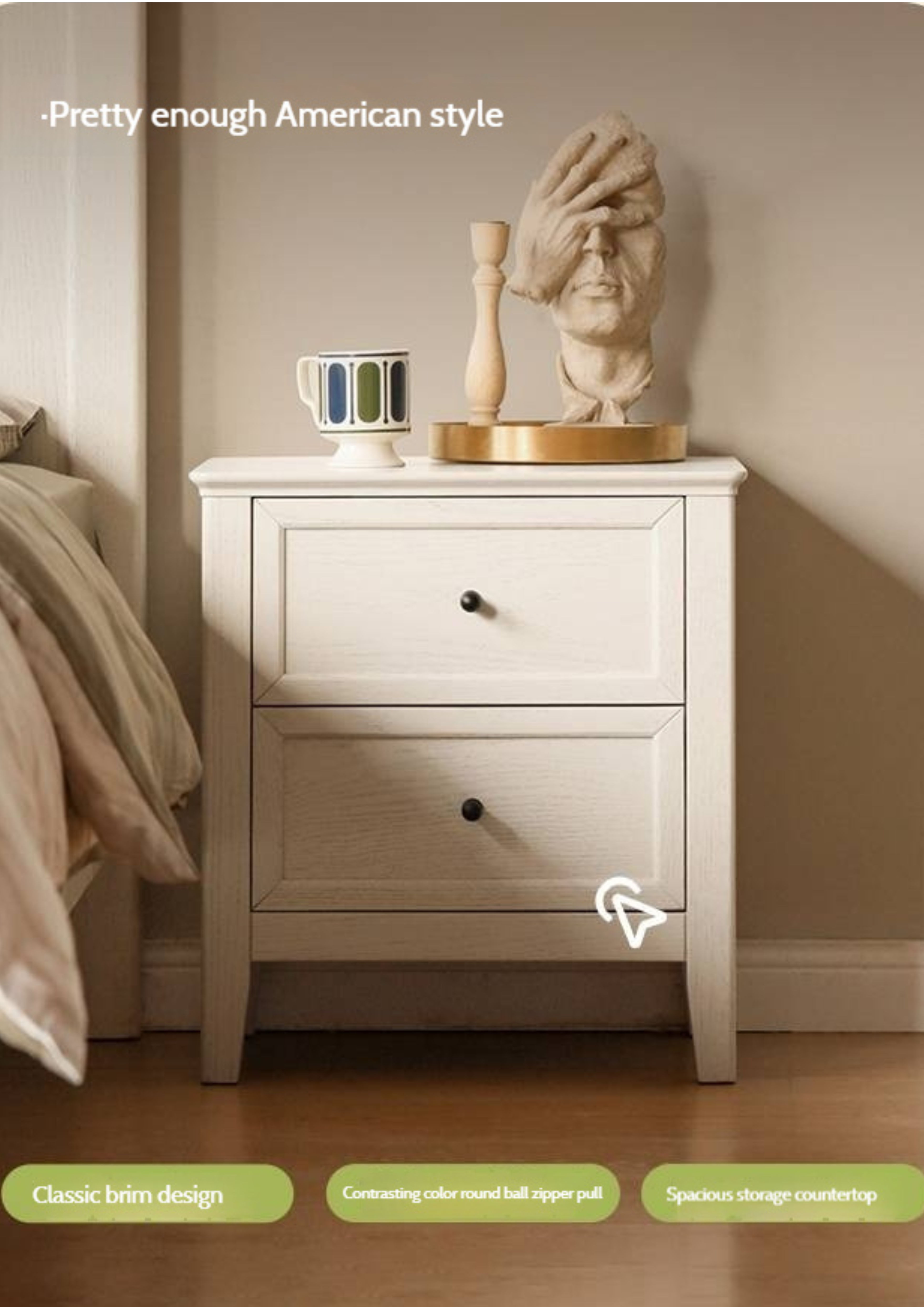 Beech Solid Wood White Cream Style Nightstand