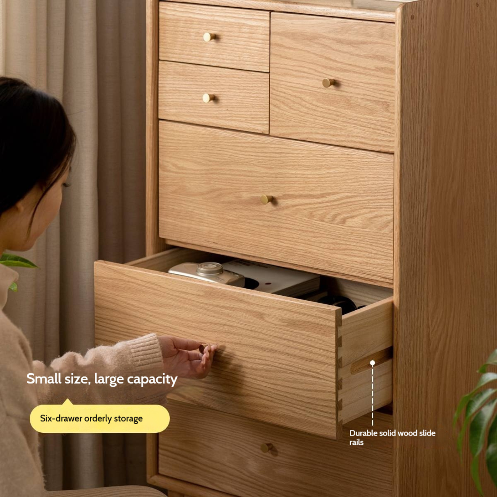 Oak Solid Wood Side Cabinet, Six-Drawer Chest.