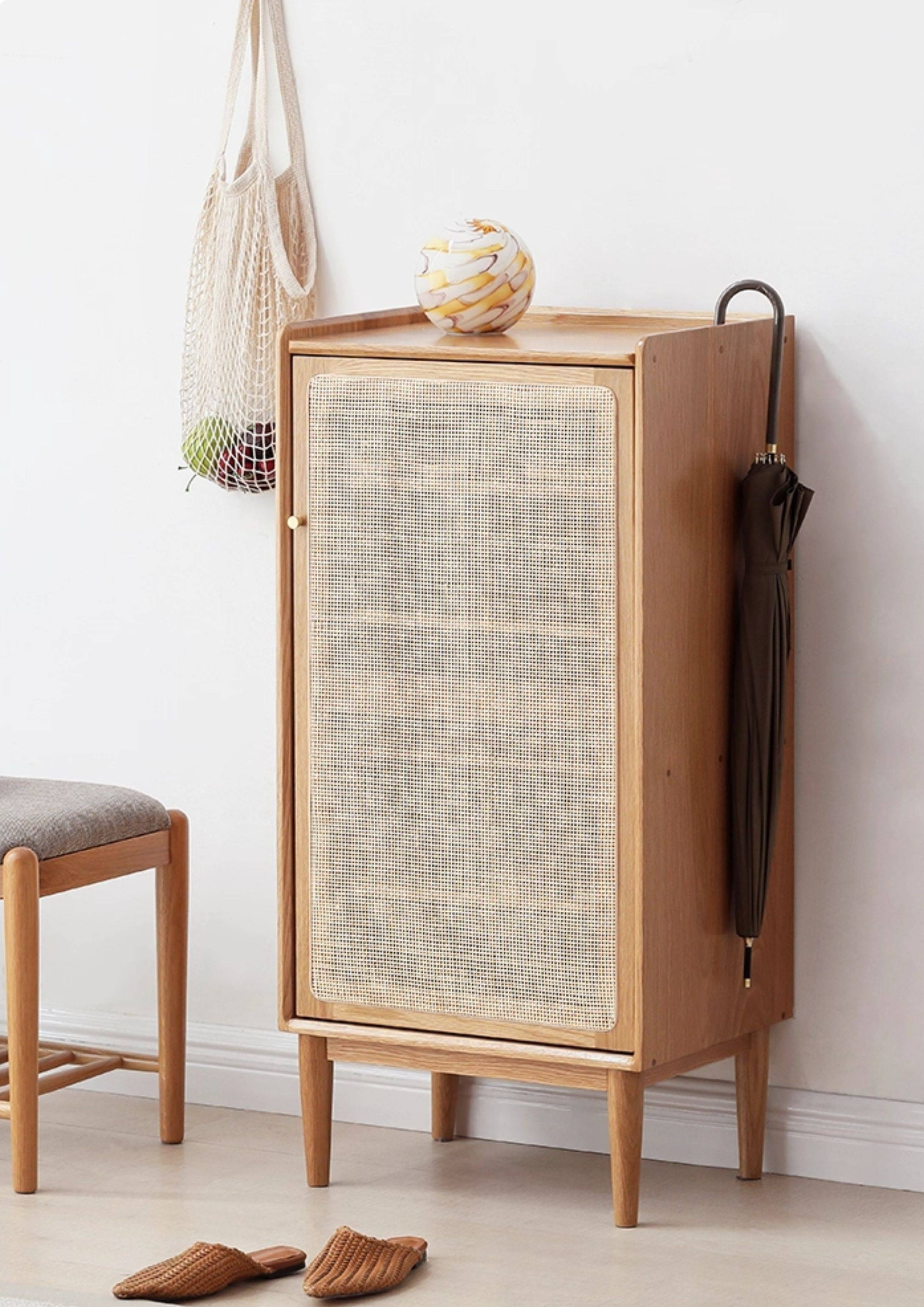 Oak Solid Wood Shoe Cabinet Storage Rattan