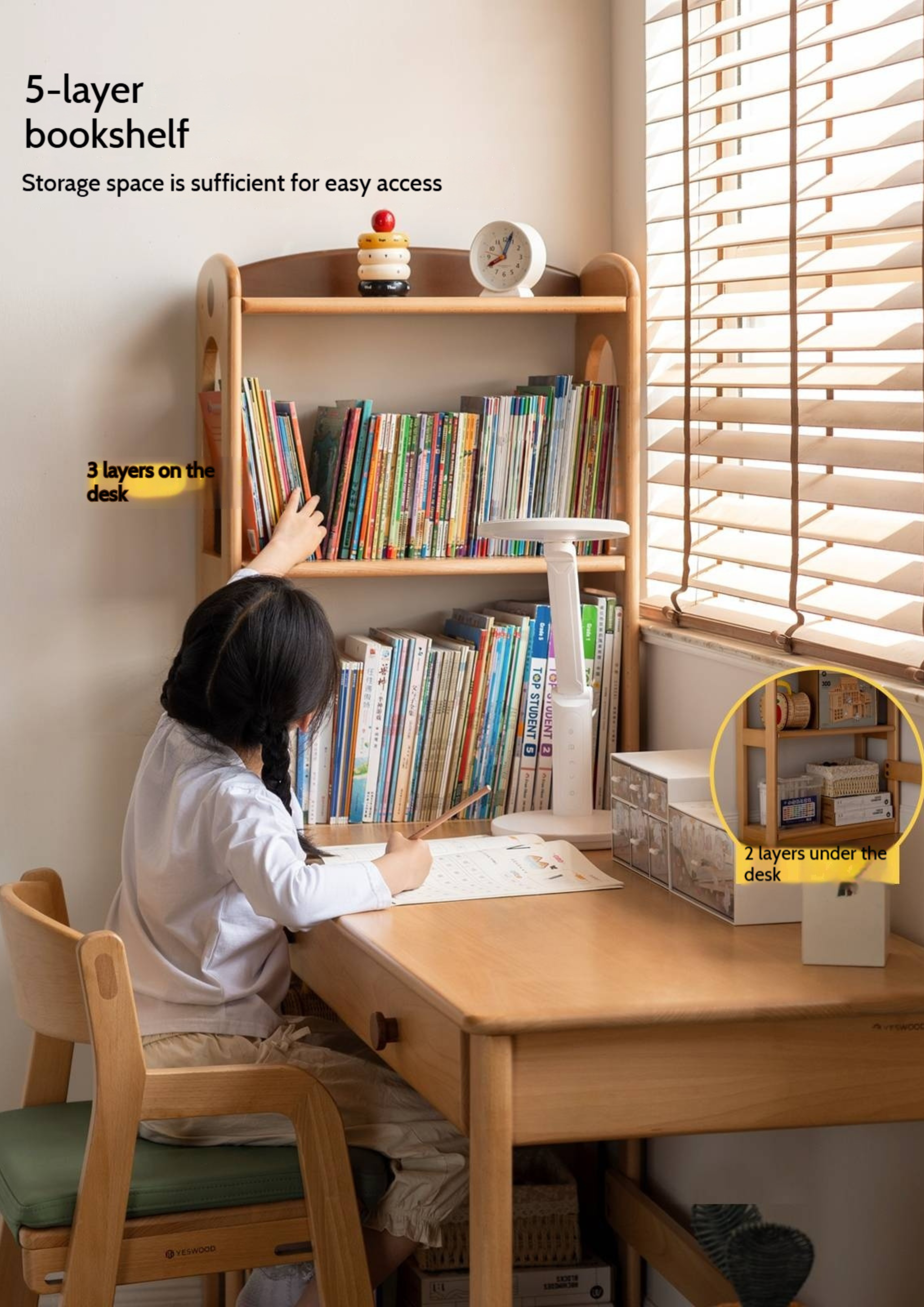 Beech Solid Wood Children's Desk and Bookshelf