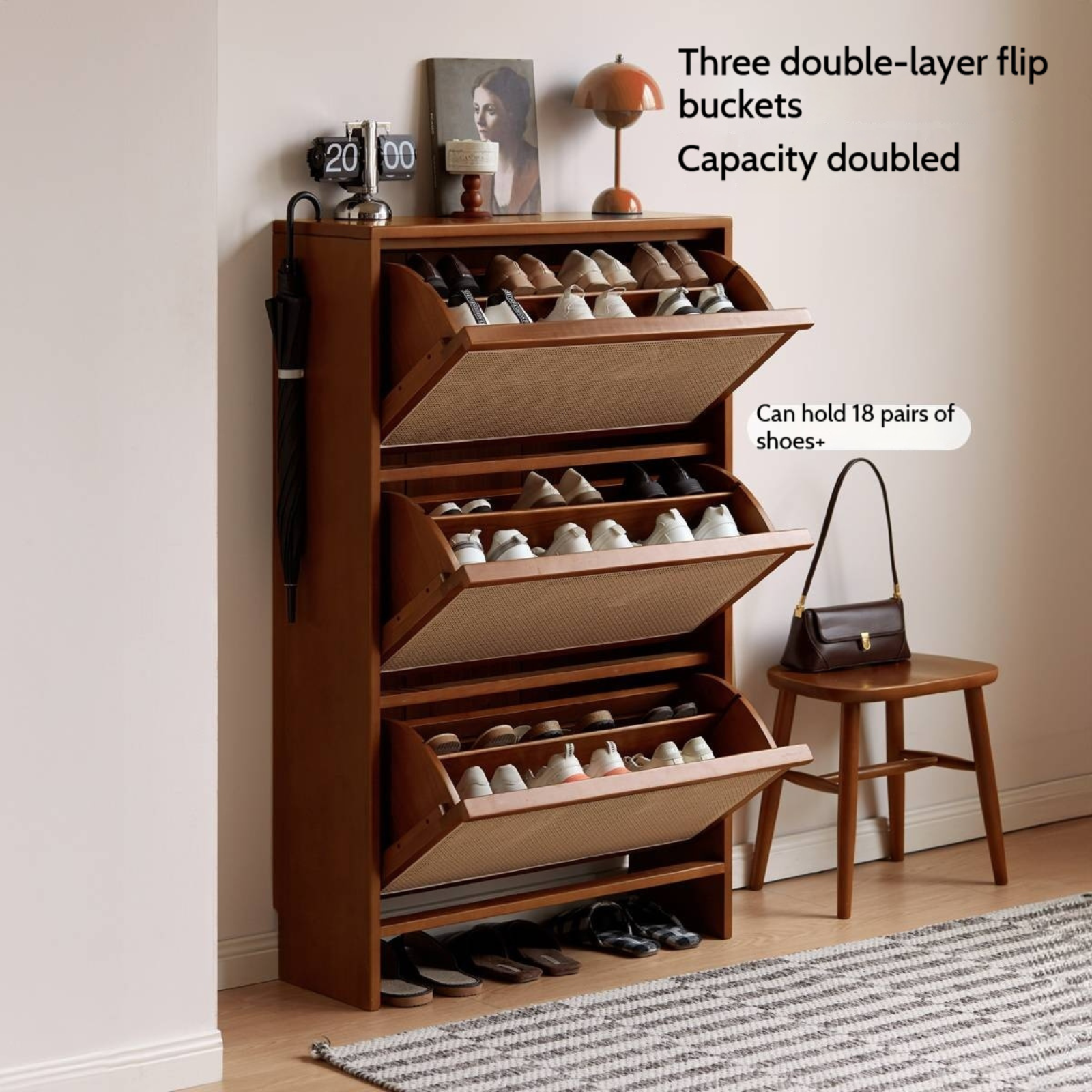 Tulipwood Solid Wood Rattan Shoe Cabinet Antique Style