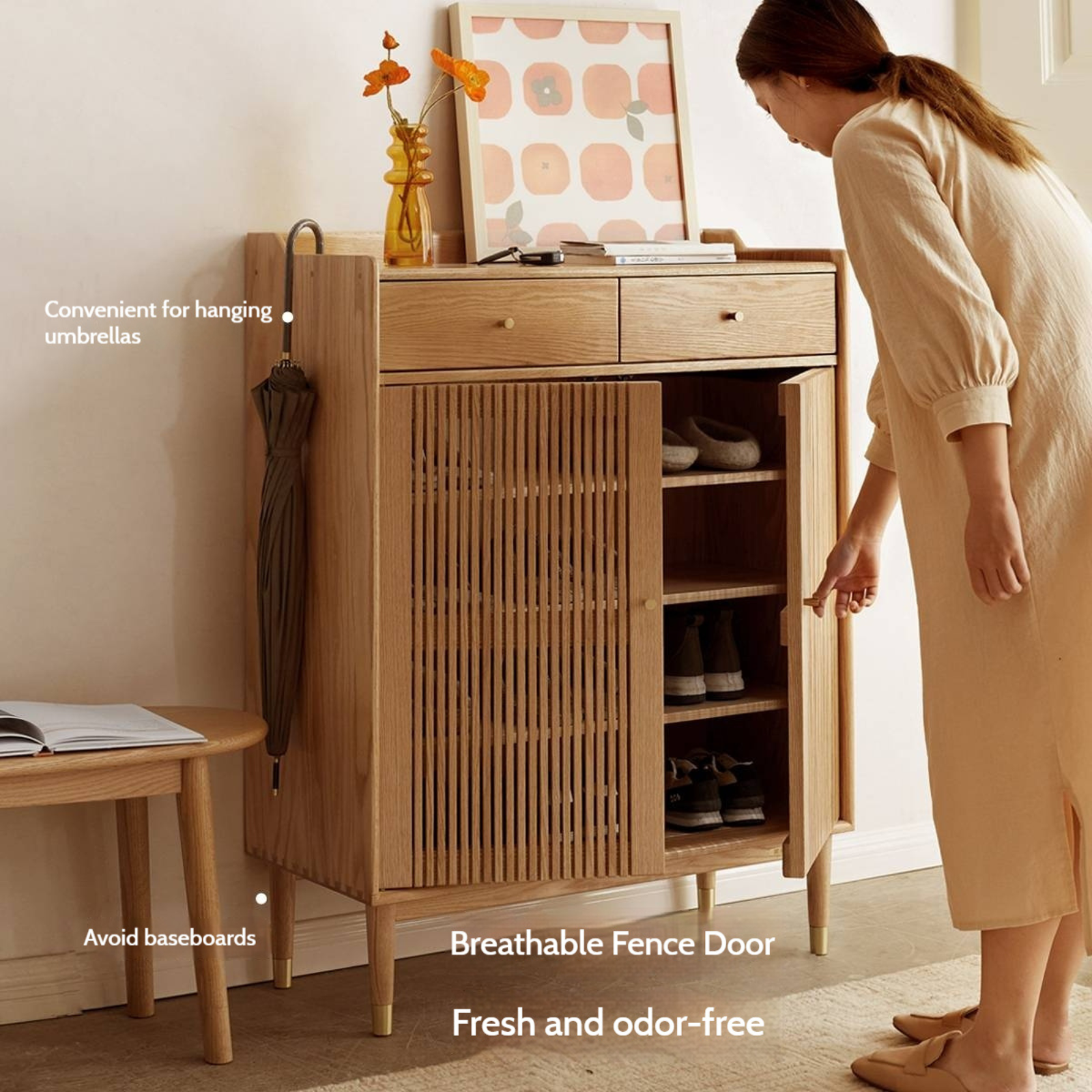 Oak Solid Wood Modern Nordic Storage Shoe Cabinet