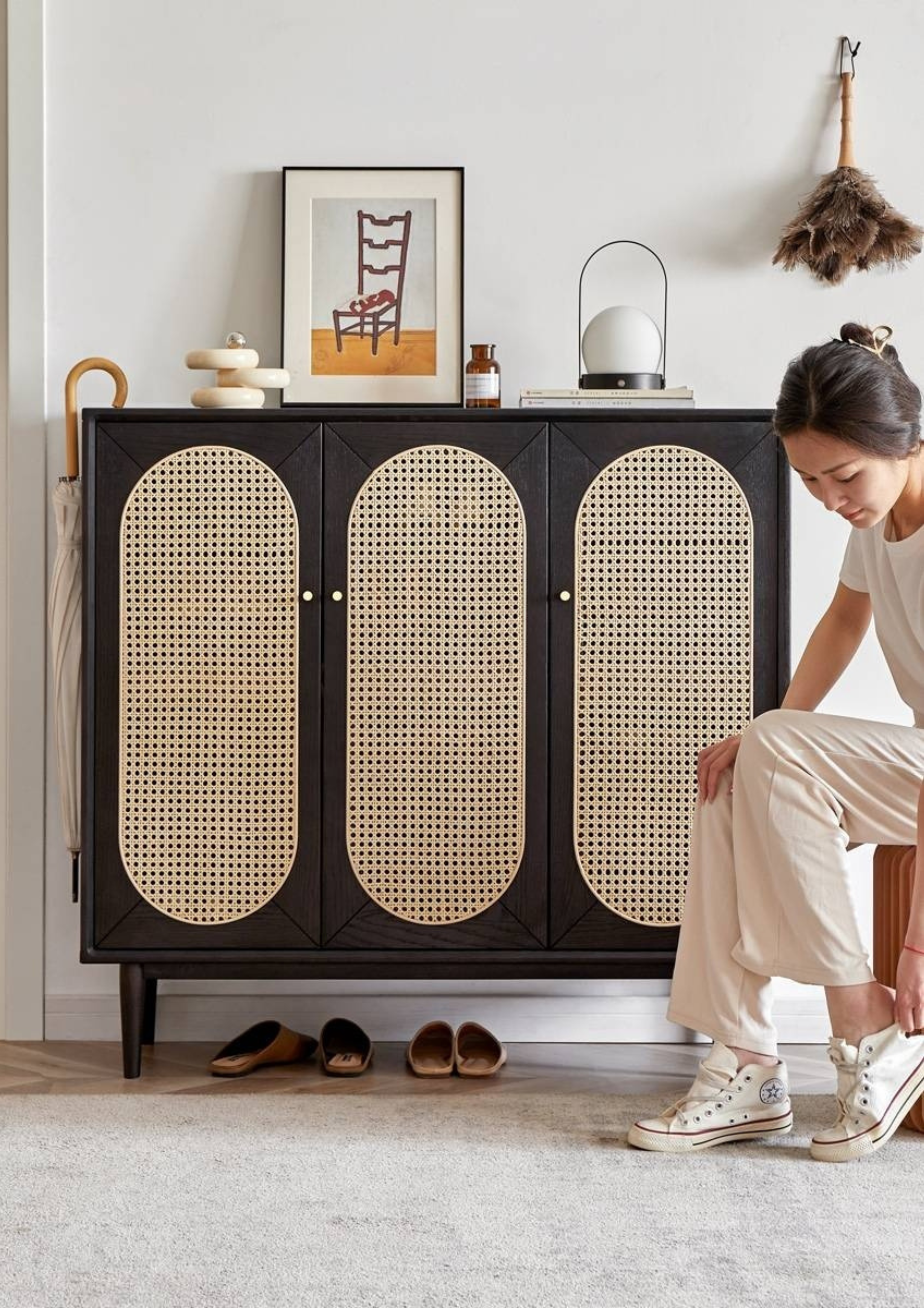 Oak Solid Wood Black Rattan Shoe Cabinet