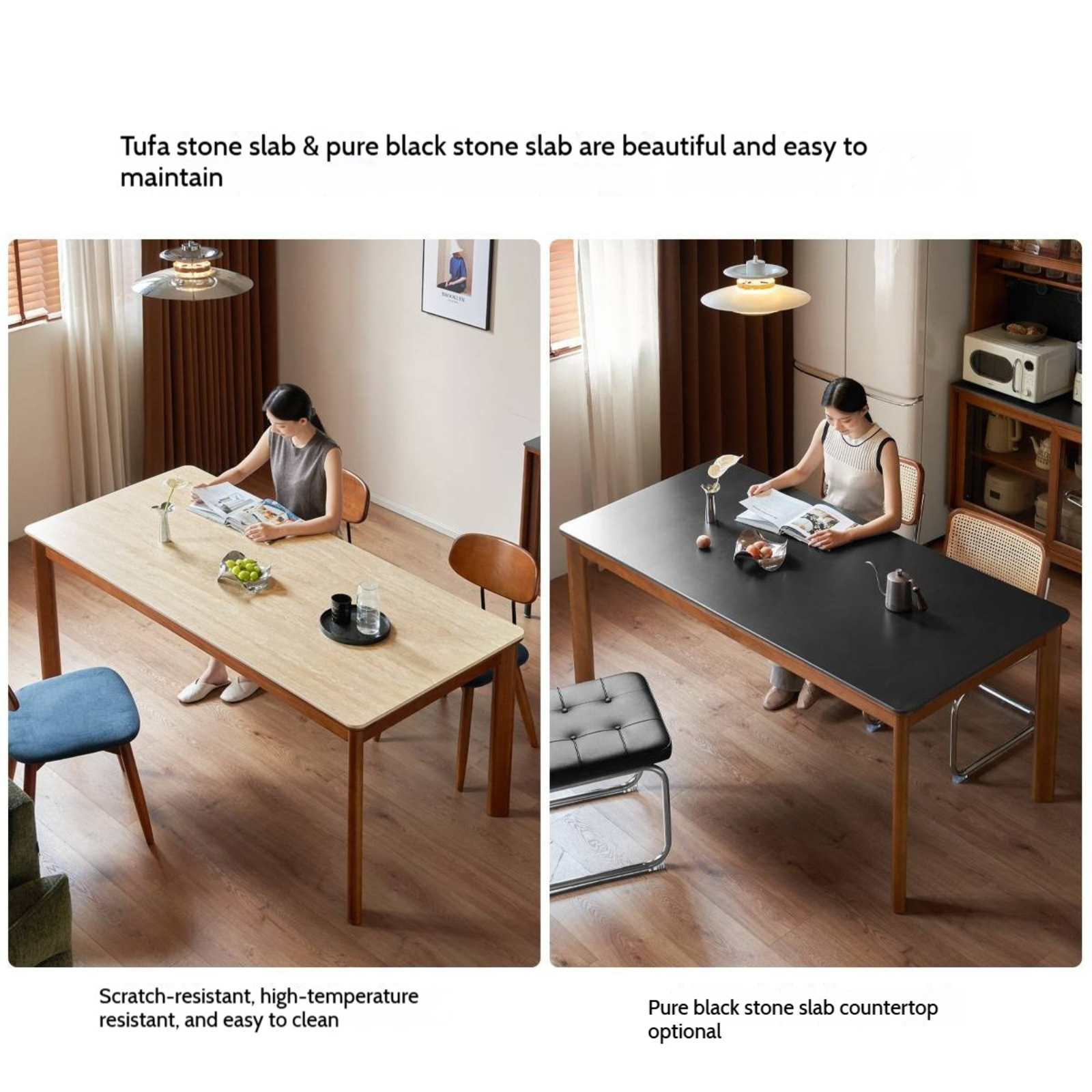 Tulipwood Solid Wood Vintage Style Restaurant Stone Slab Dining Table