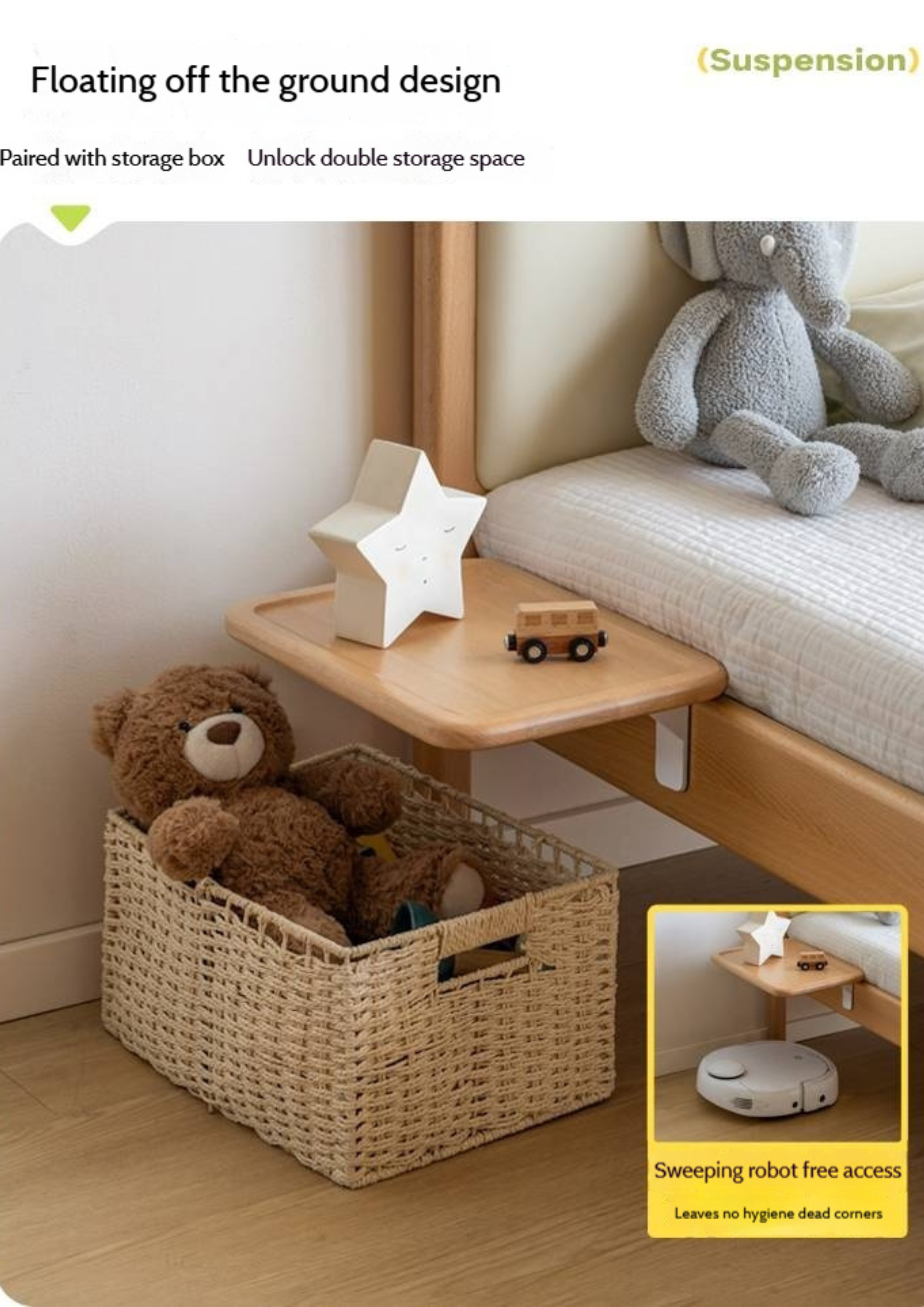 Beech Solid Wood Children's Floating Storage Bedside Shelf