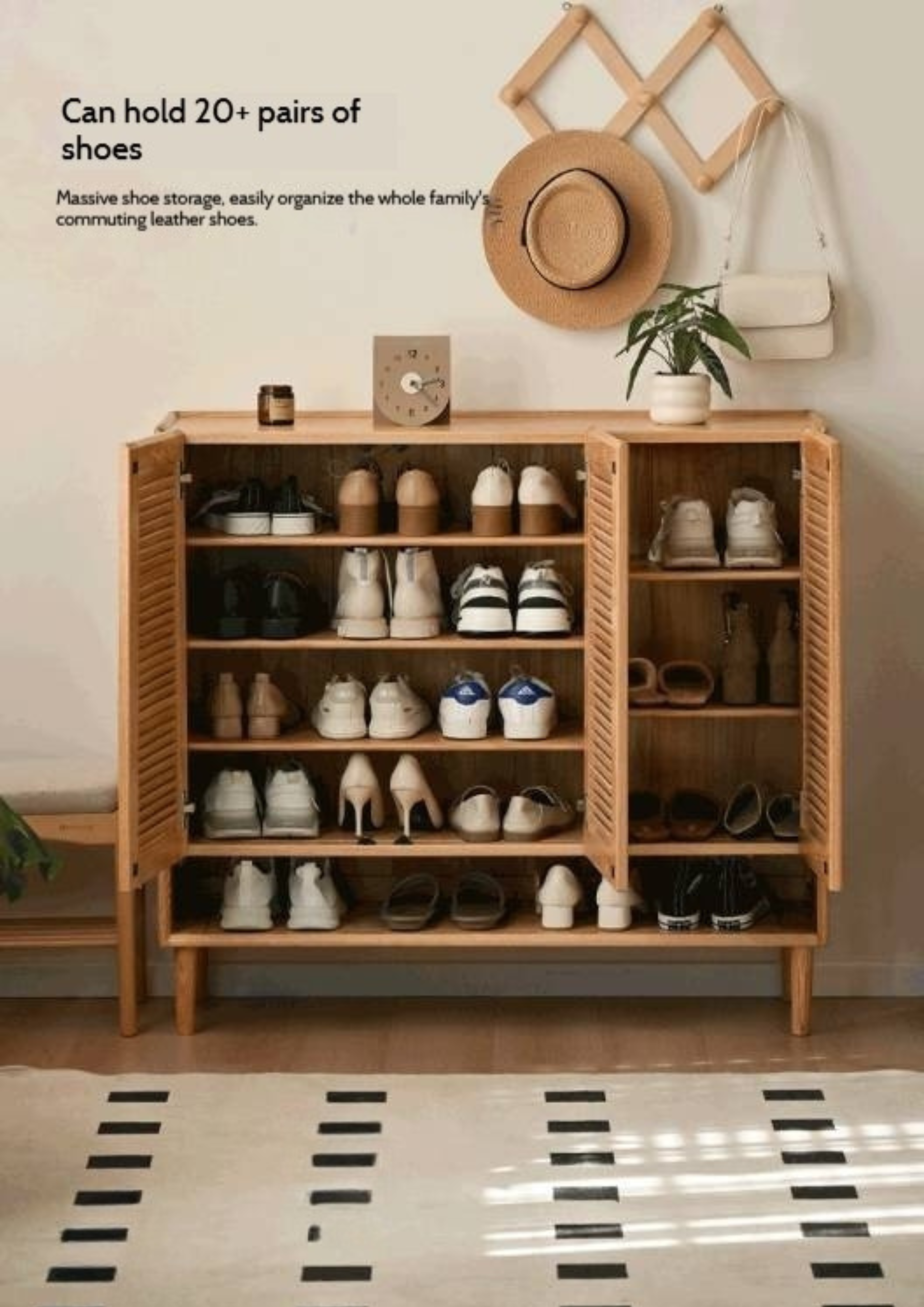 Oak, Solid Rubber Wood Modern Shoe Cabinet