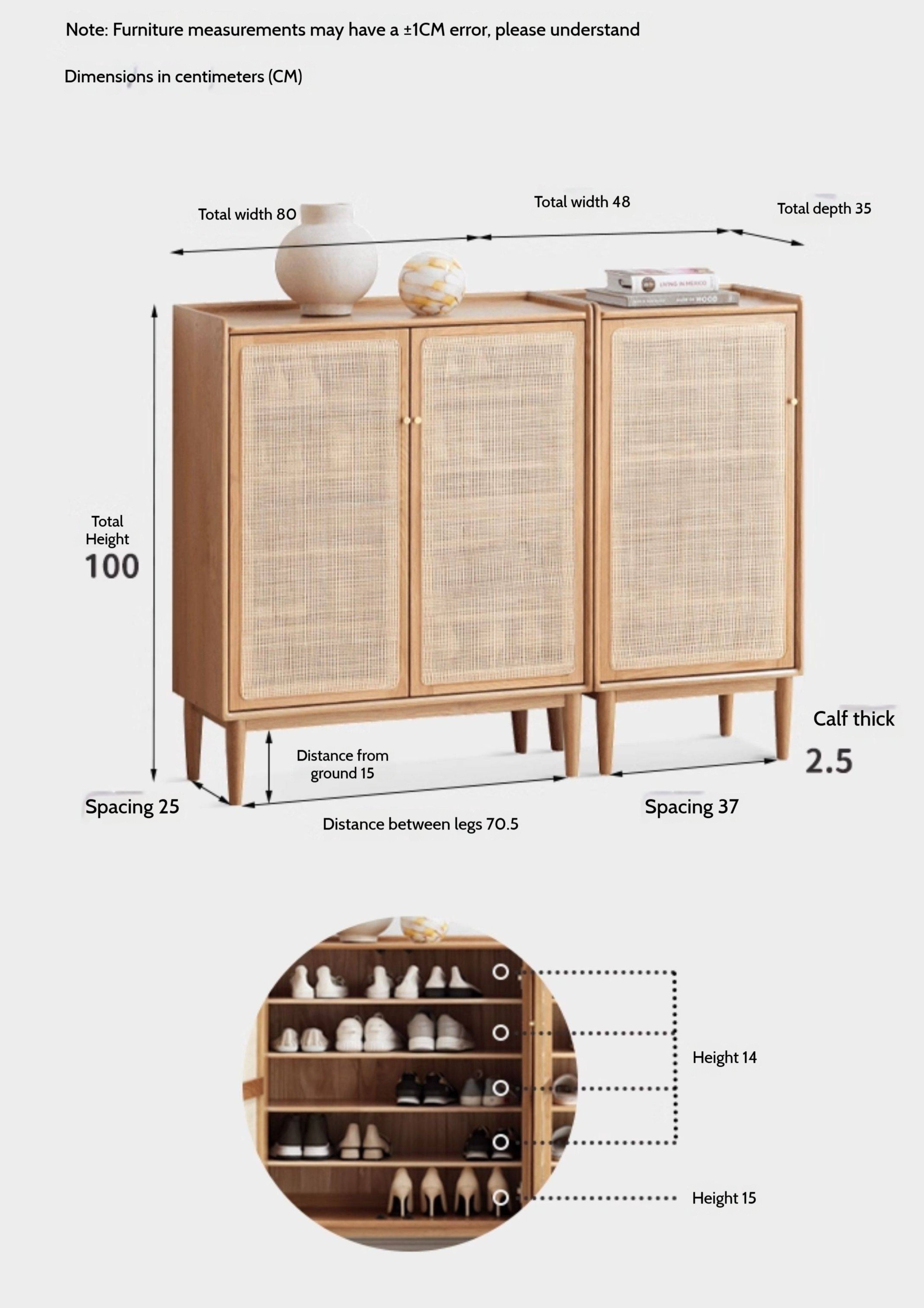 Oak Solid Wood Shoe Cabinet Storage Rattan
