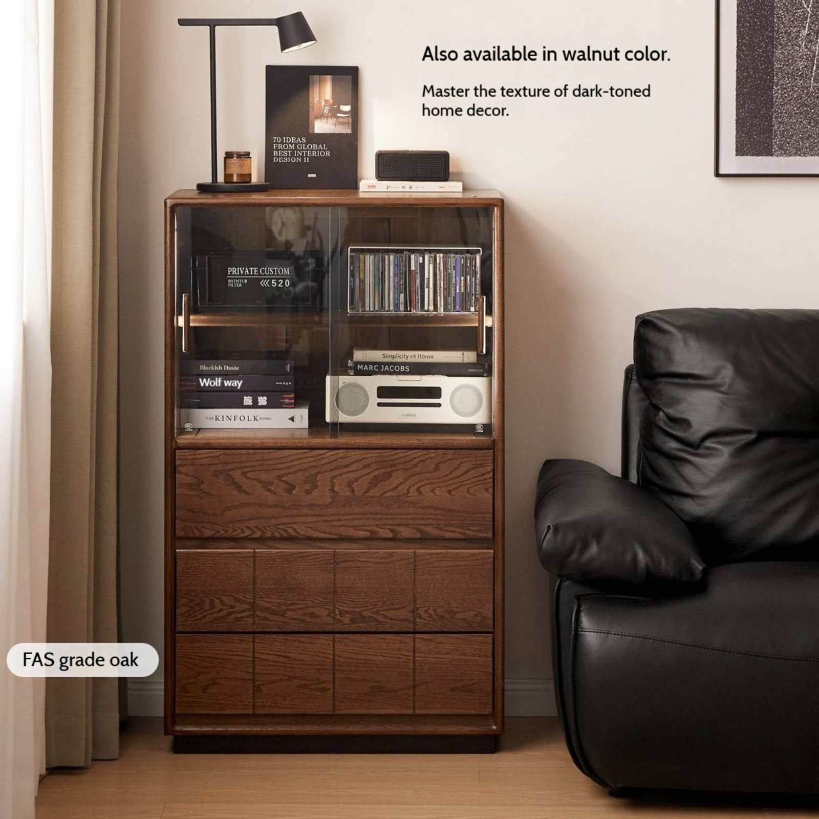 Oak Solid Wood Modern Side Cabinet with Light