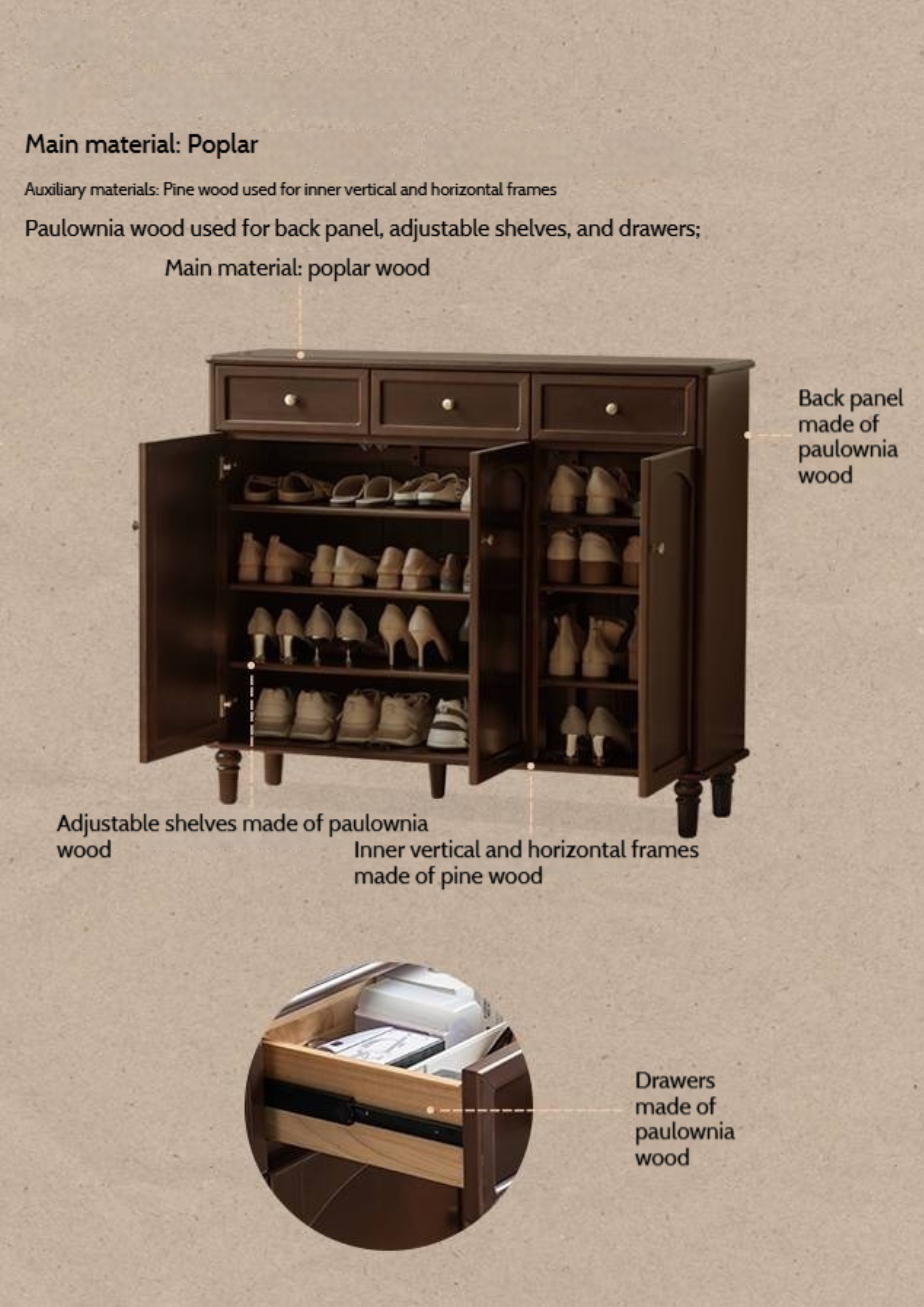 Poplar Solid Wood American Retro Shoe Cabinet