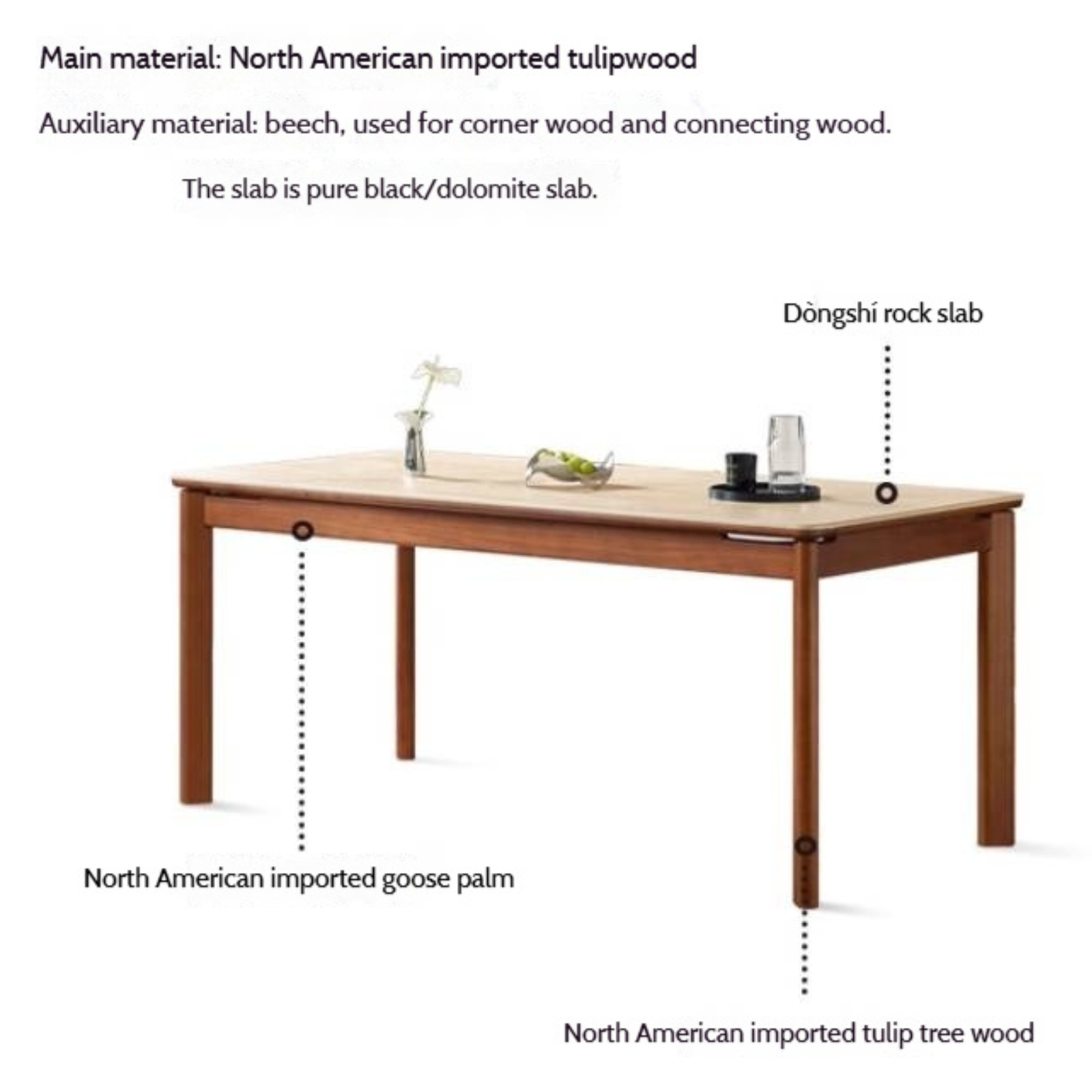 Tulipwood Solid Wood Vintage Style Restaurant Stone Slab Dining Table