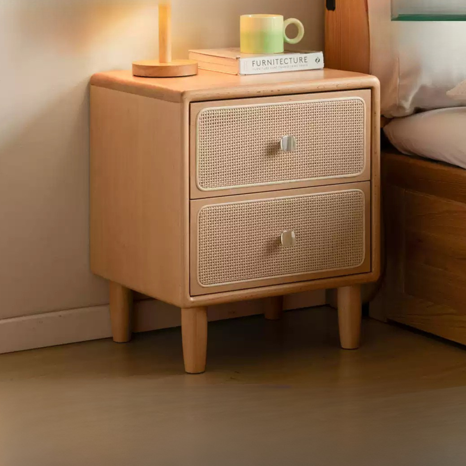Beech Solid Wood Rattan Log Style Nightstand