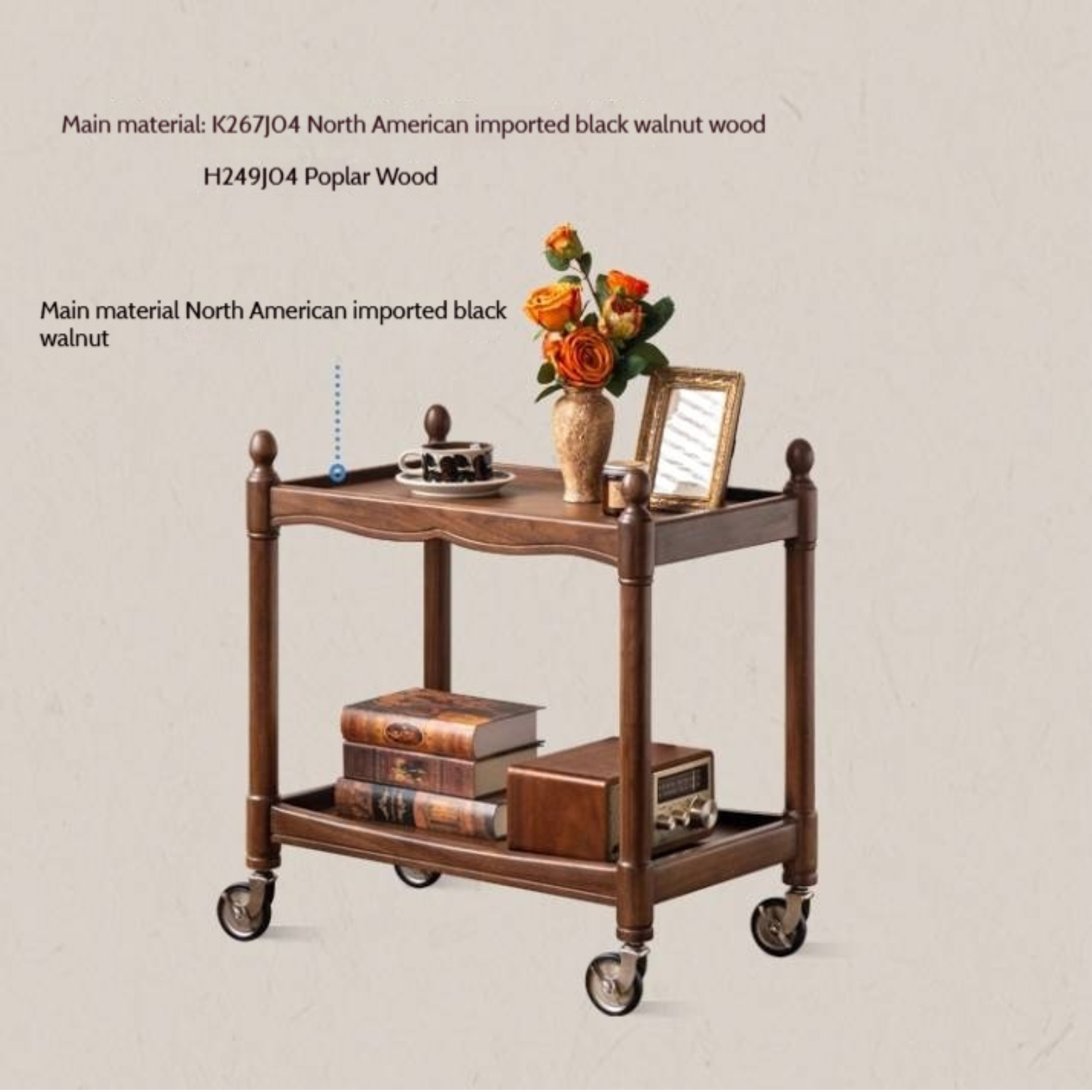 Black Walnut Solid Wood American Retro Mobile Side Table