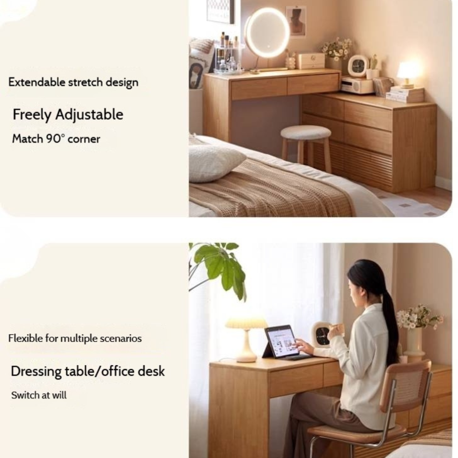 Solid Rubberwood Telescopic Makeup Desk