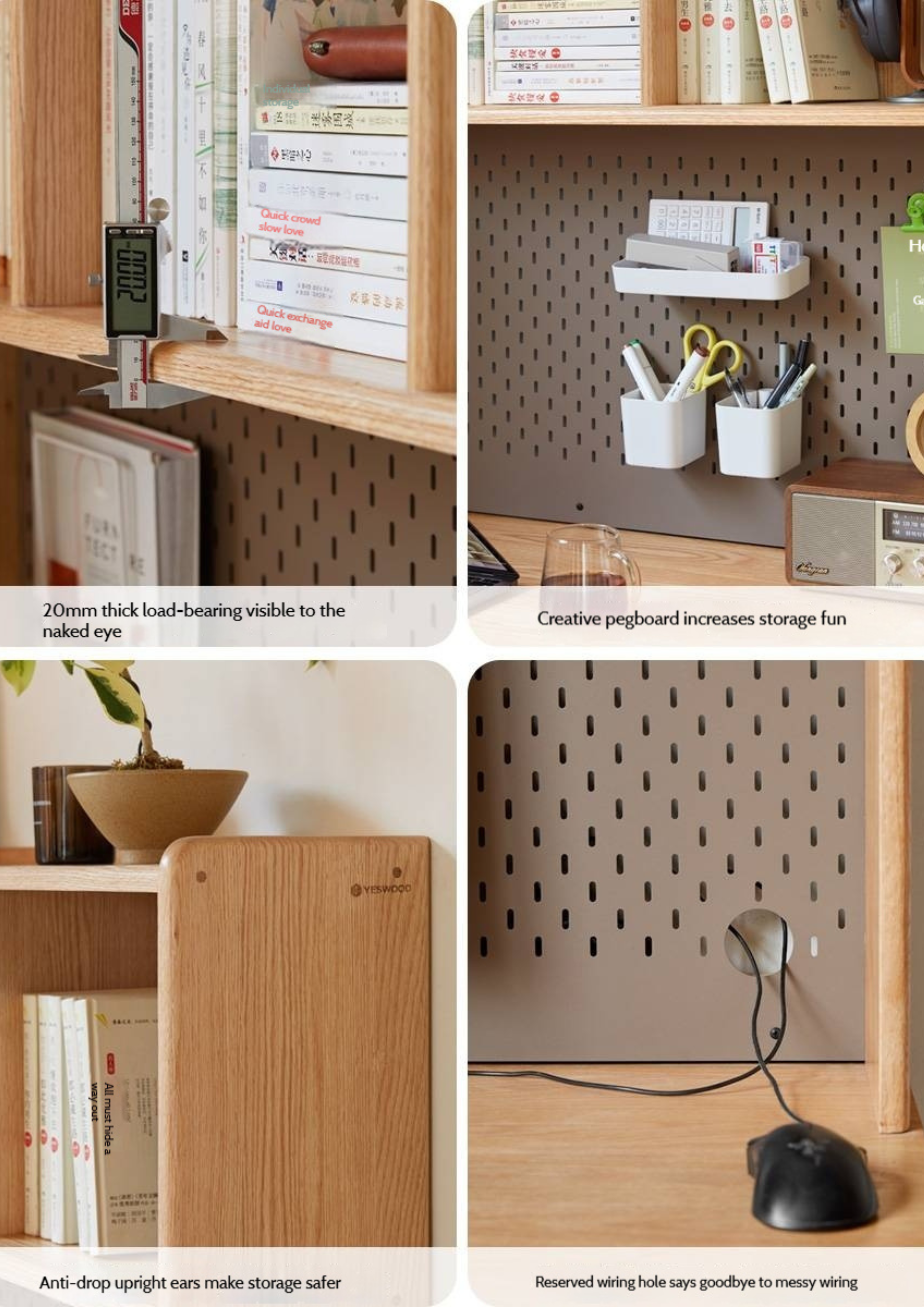 Oak Solid Wood Office Desk and Bookshelf Integrated