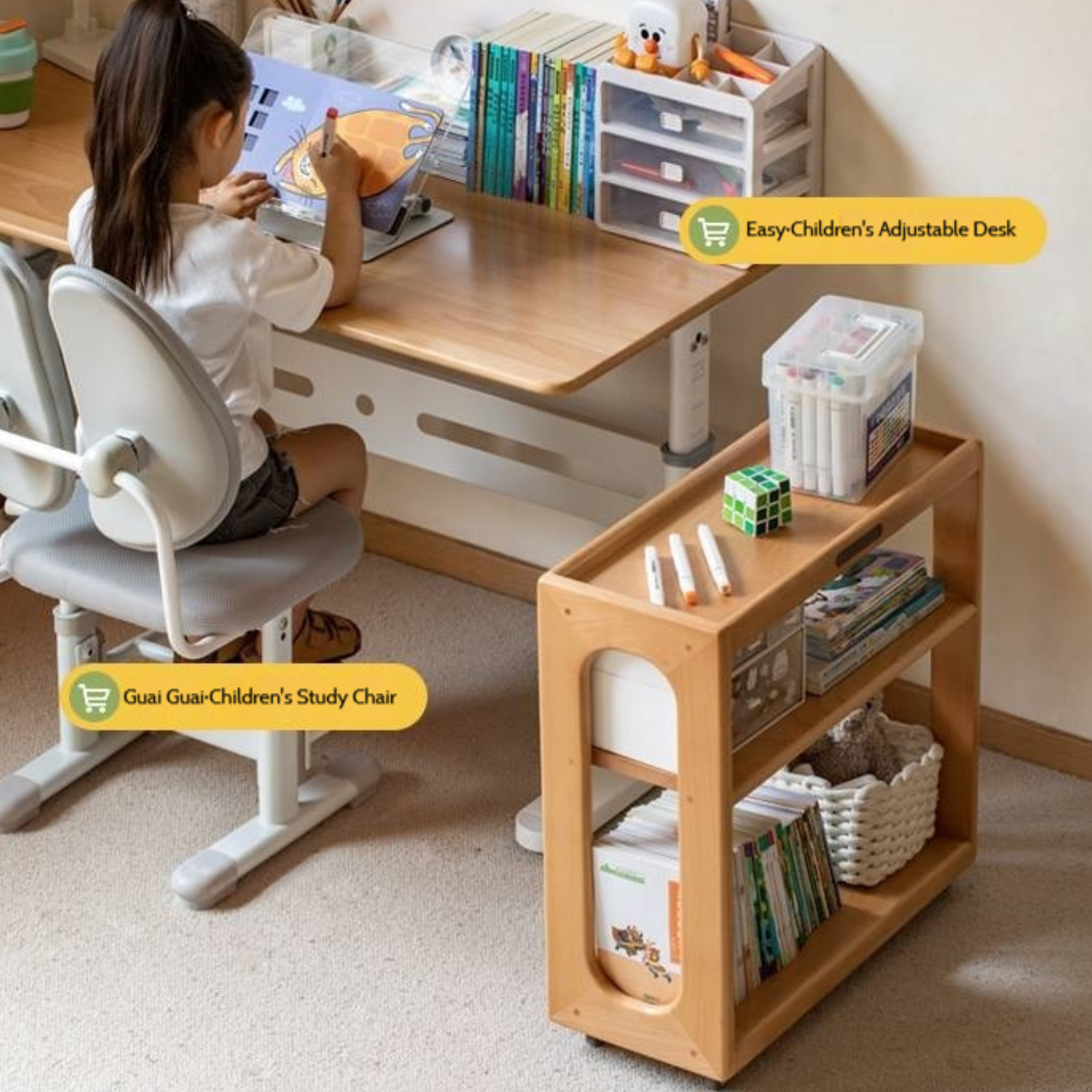 Beech Solid Wood Movable Children's Montessori Under-Table Bookshelf with Wheels