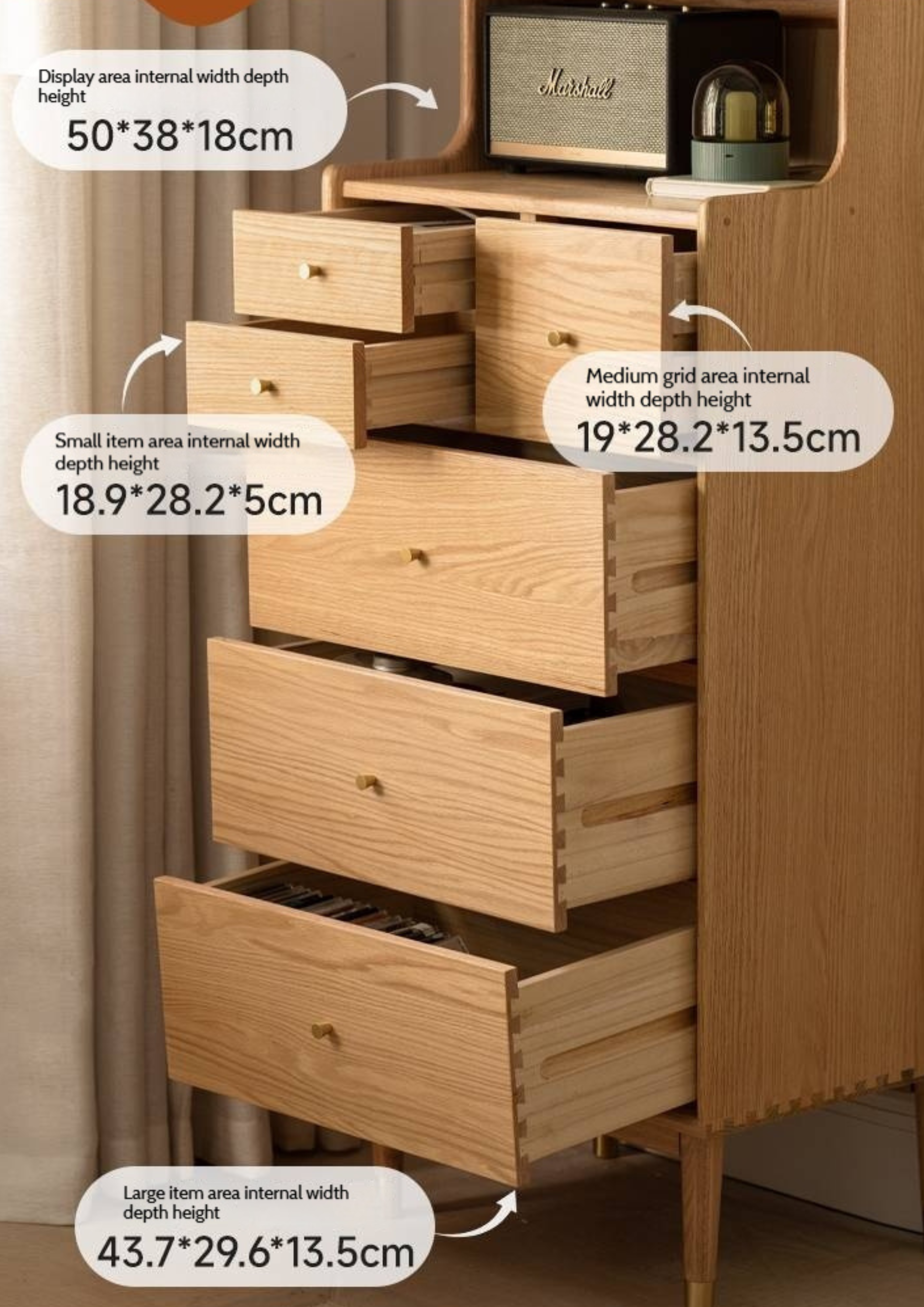 Oak Solid Wood Side Cabinet, Six-Drawer Chest.