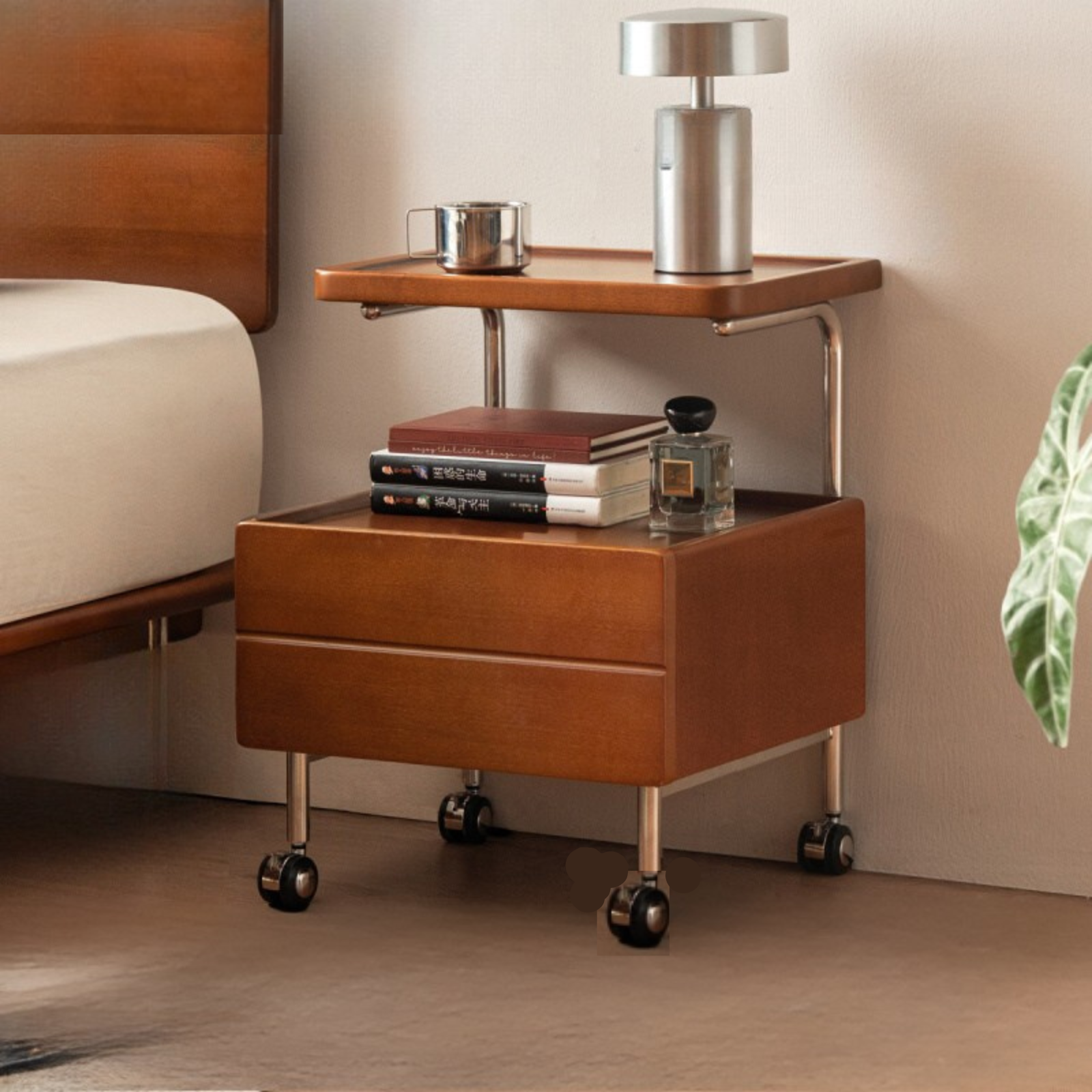 Poplar Solid Wood Vintage Style Mobile Nightstand