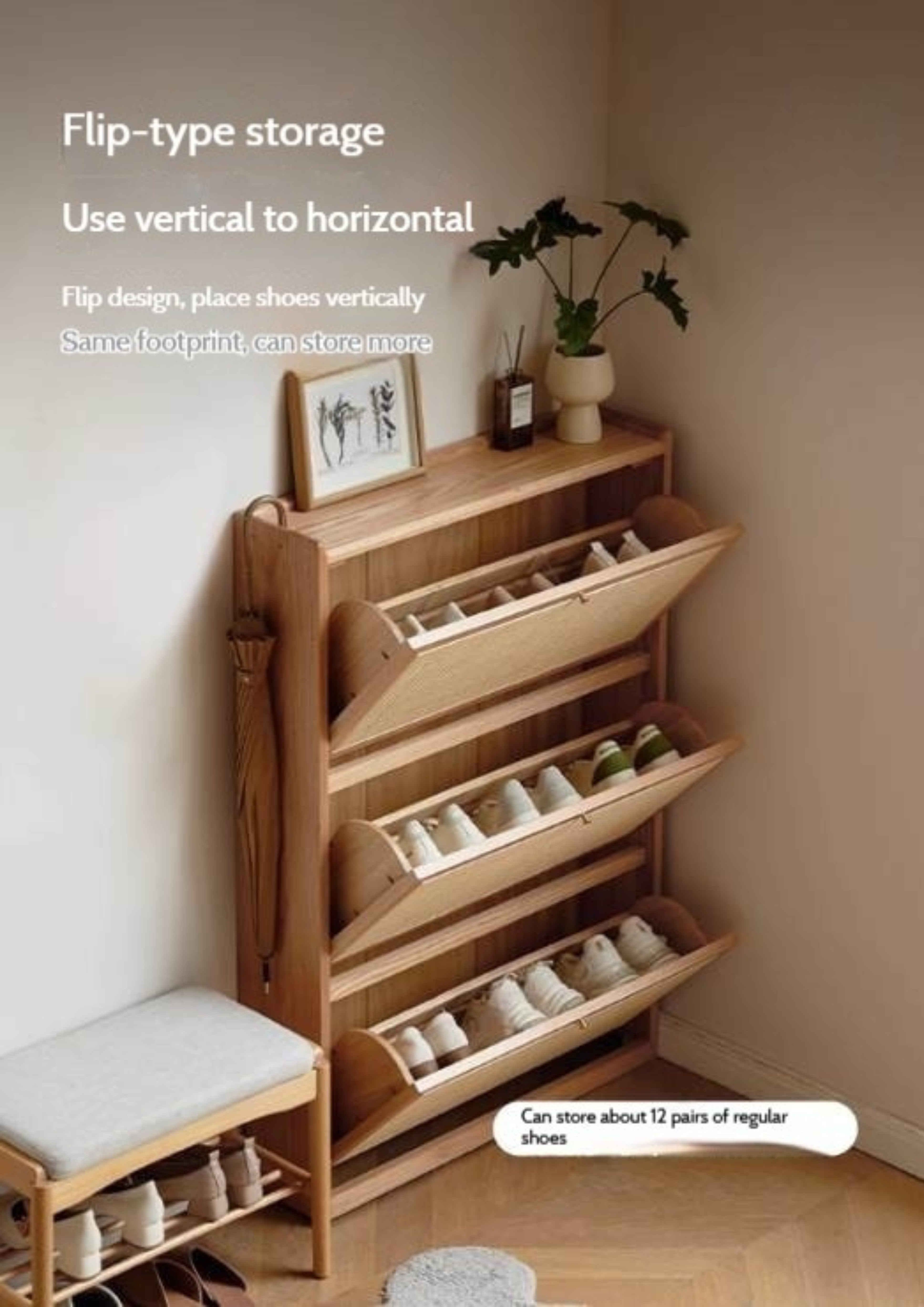 Oak Solid Wood Ultra-Thin Flap Door Rattan Shoe Cabinet