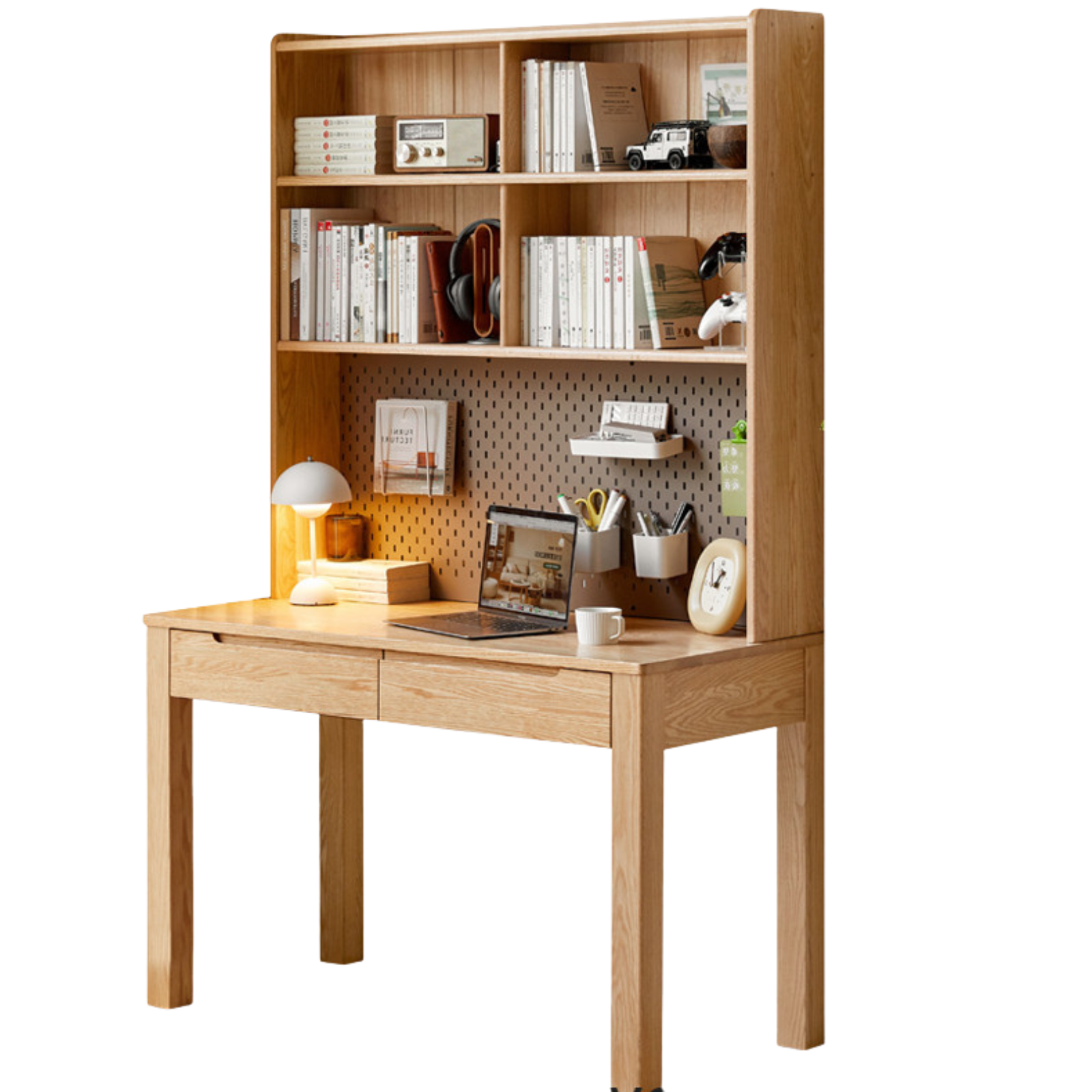 Oak Solid Wood Office Desk and Bookshelf Integrated