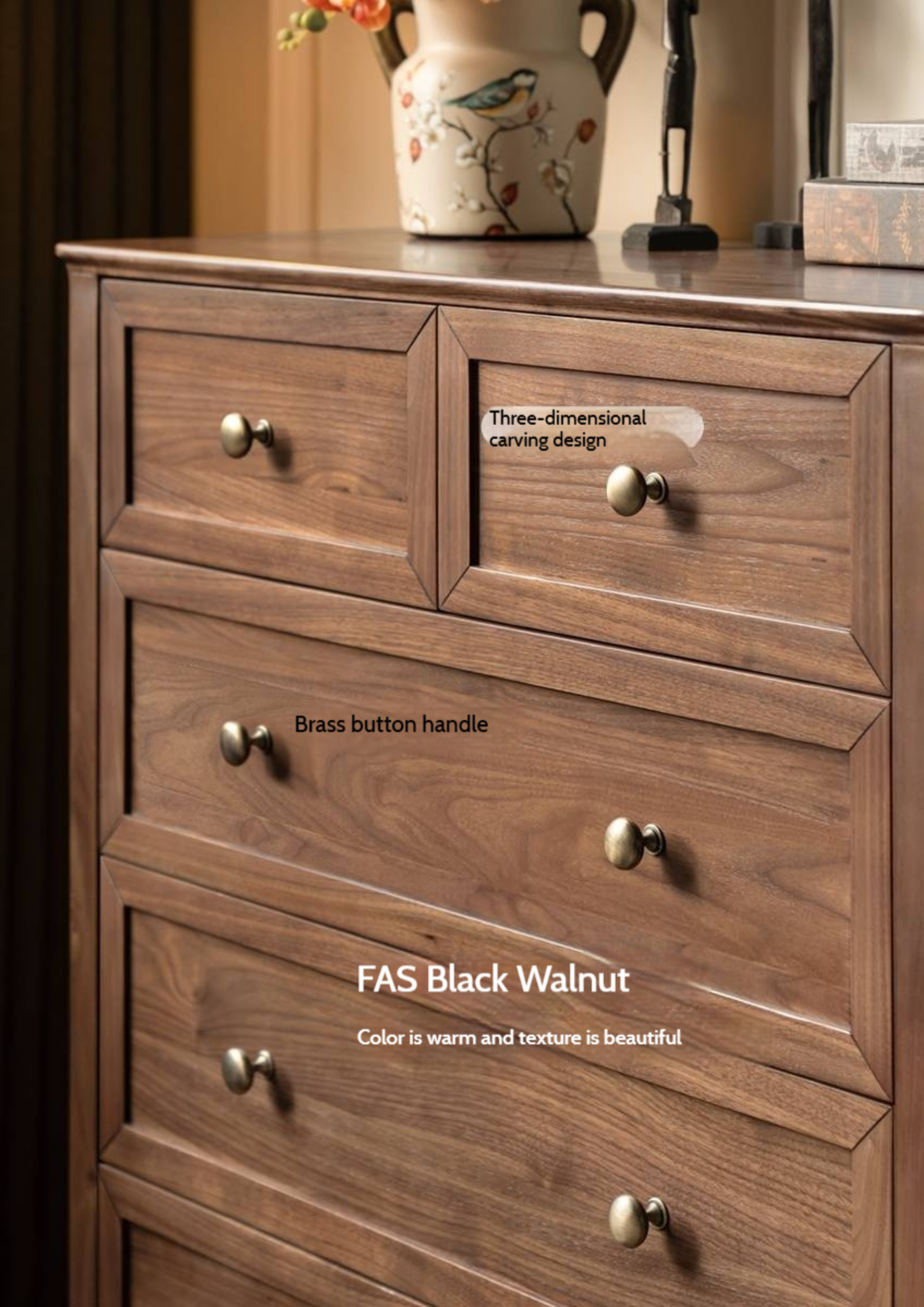 Black Walnut Solid Wood American Retro Chest of Drawers
