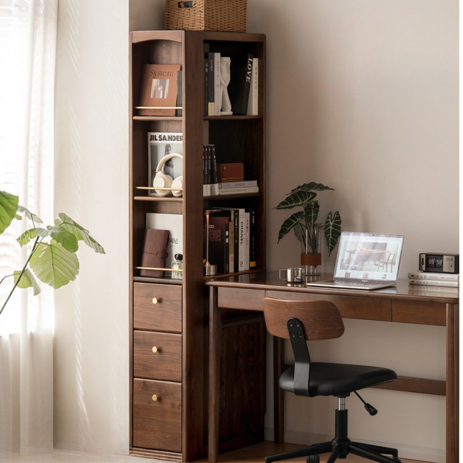Black Walnut, Oak Solid Wood Narrow Bookcase