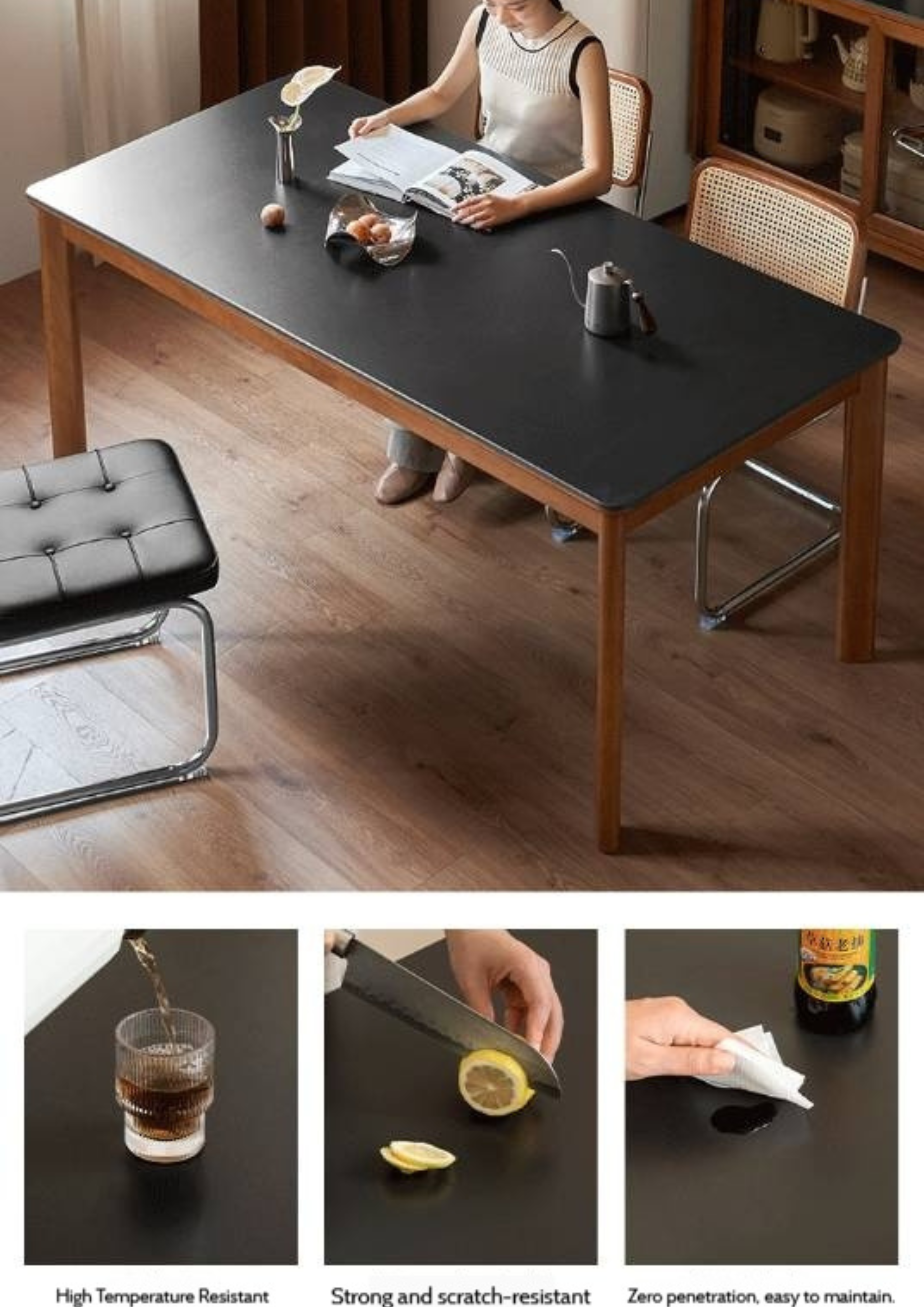 Tulipwood Solid Wood Vintage Style Restaurant Stone Slab Dining Table