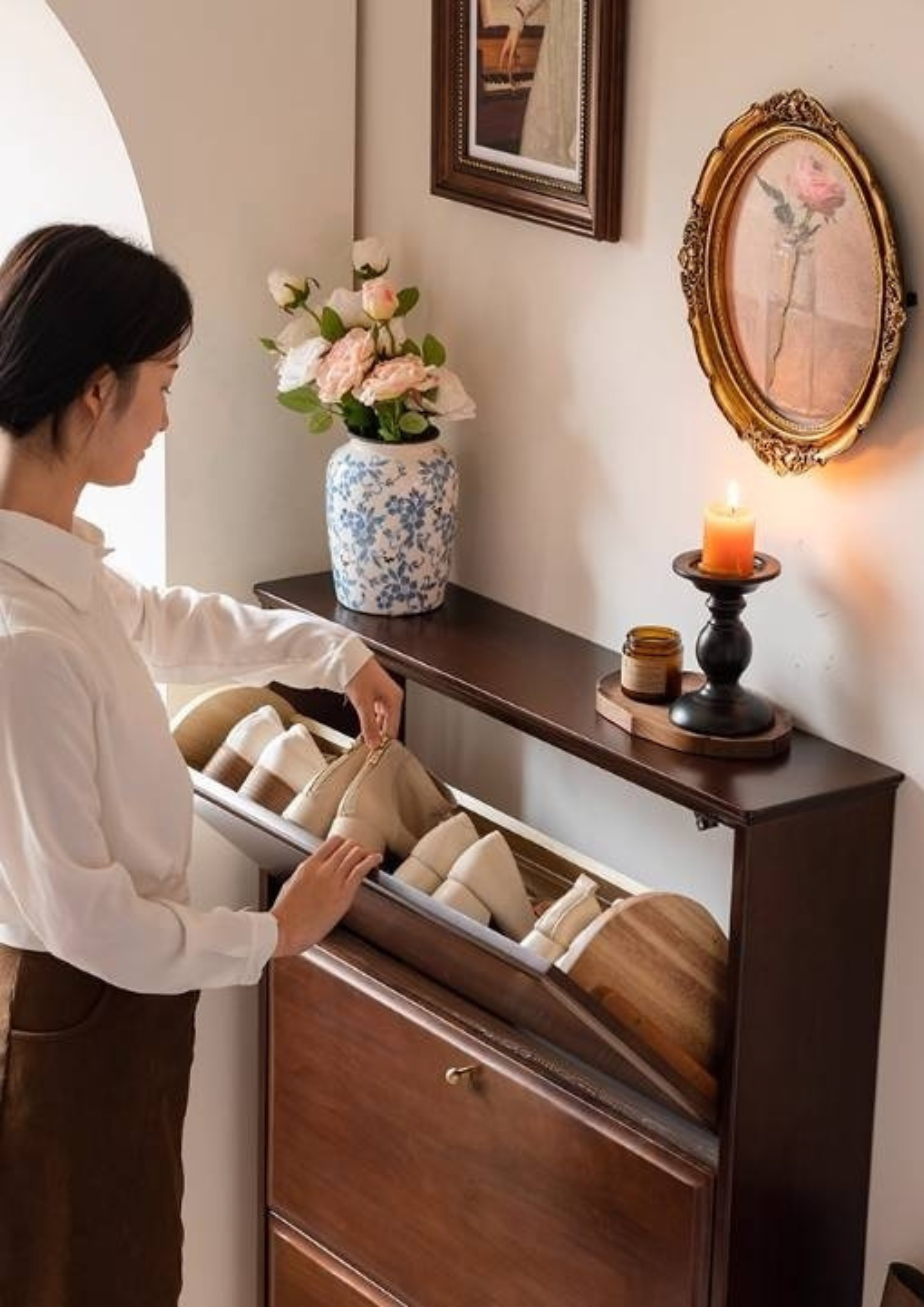 Poplar, Solid Rubber Wood Retro Narrow Shoe Cabinet