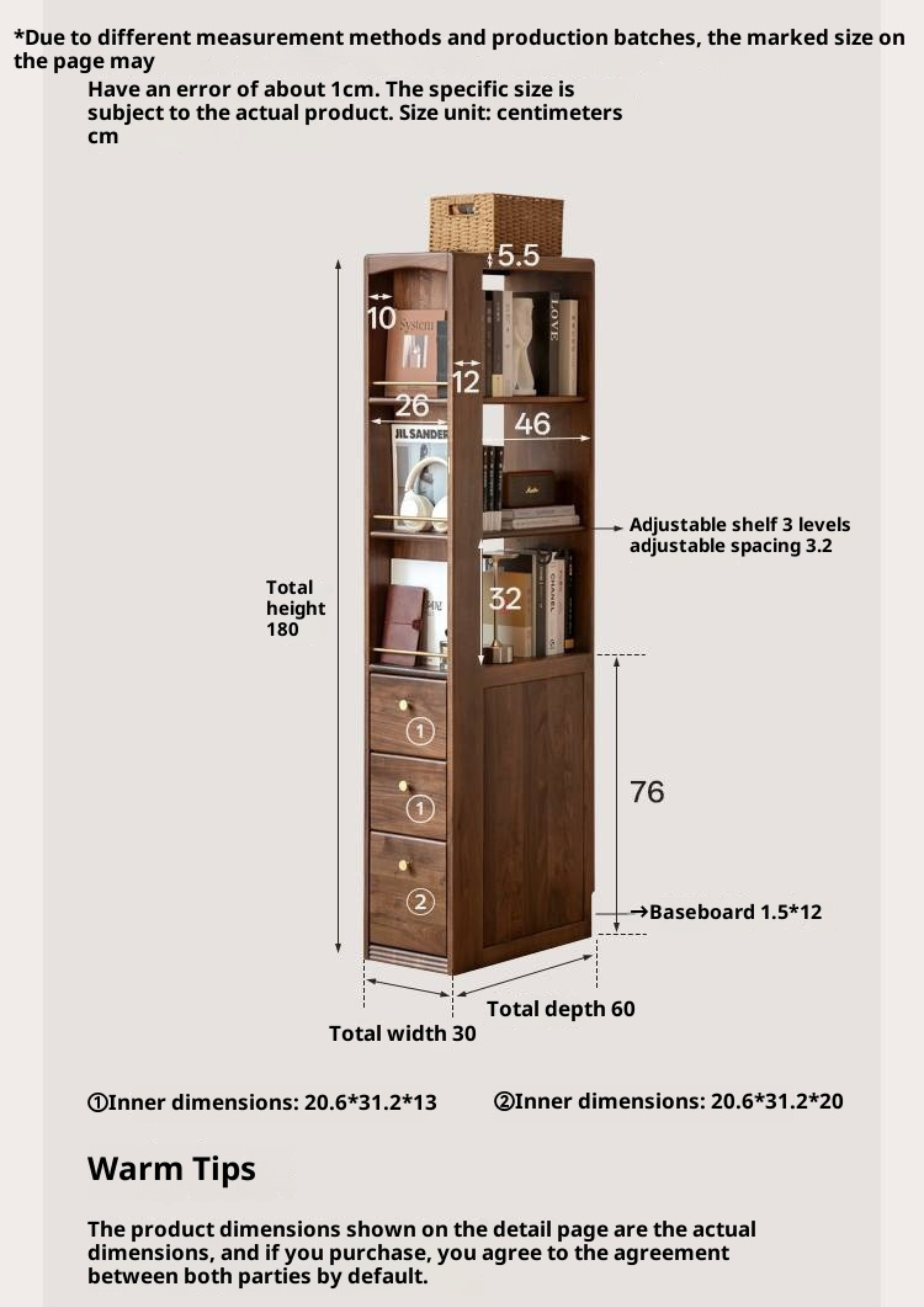 Black Walnut, Oak Solid Wood Narrow Bookcase