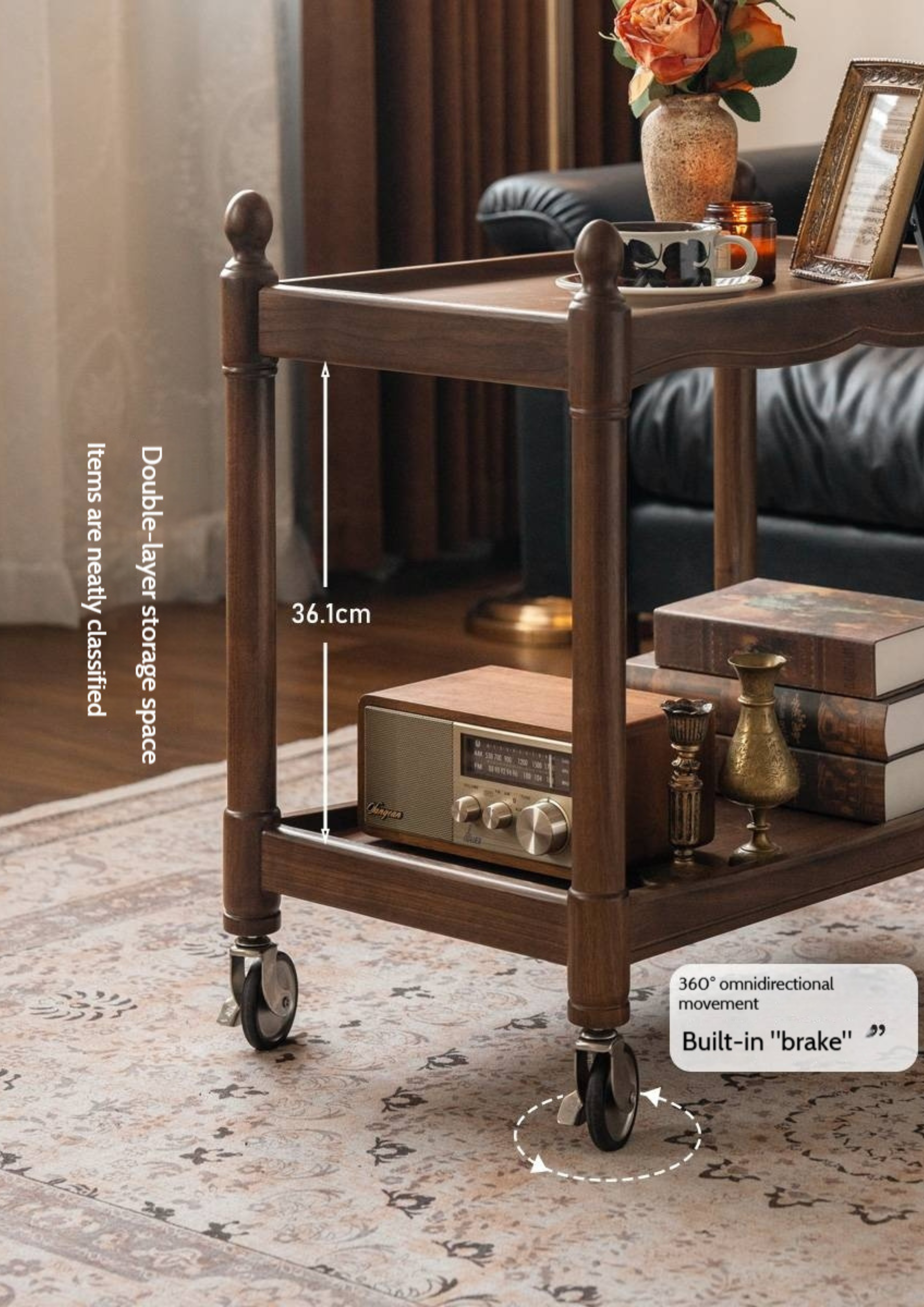 Black Walnut Solid Wood American Retro Mobile Side Table