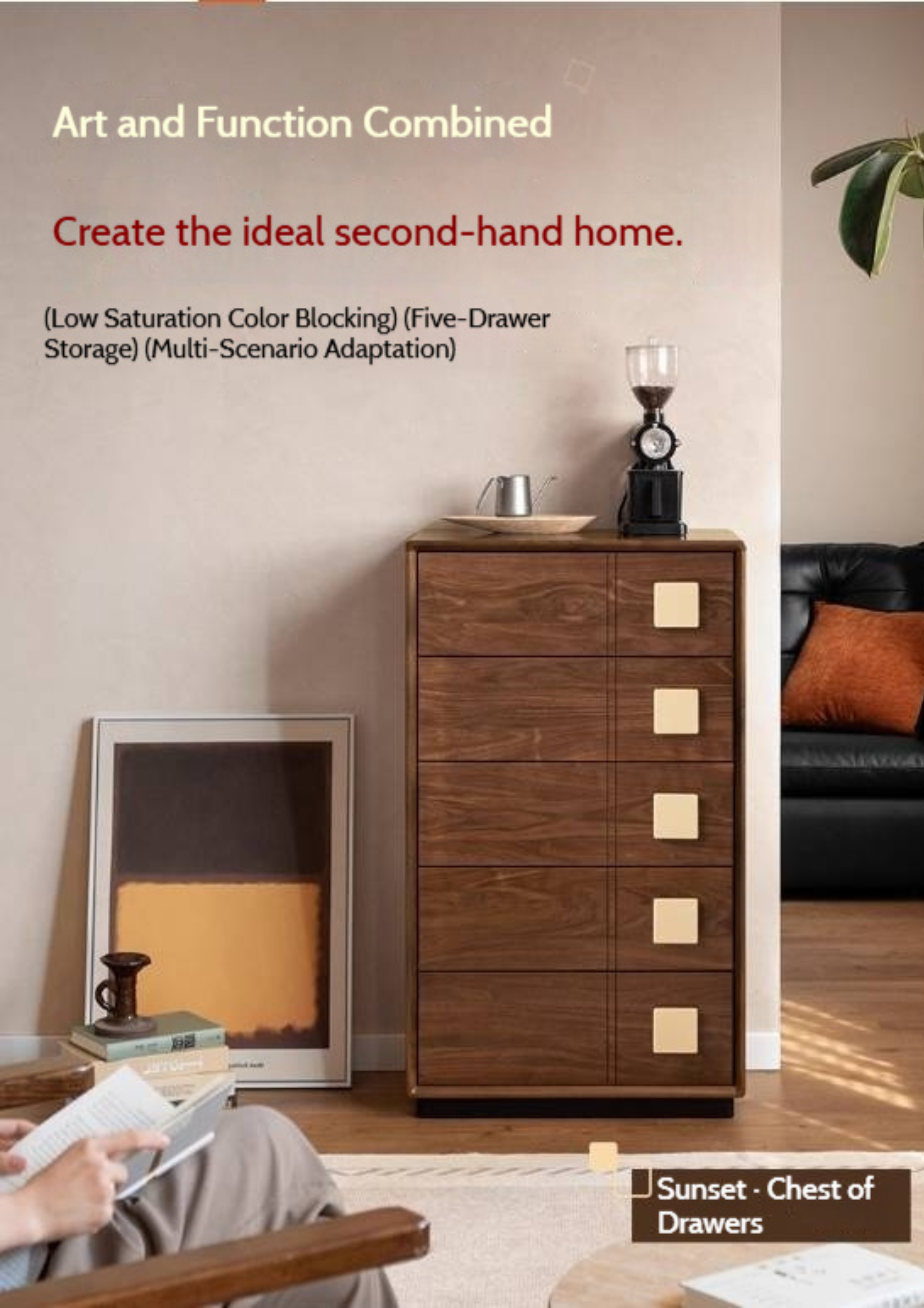 Black Walnut Solid Wood Retro Style Five-Drawer Chest