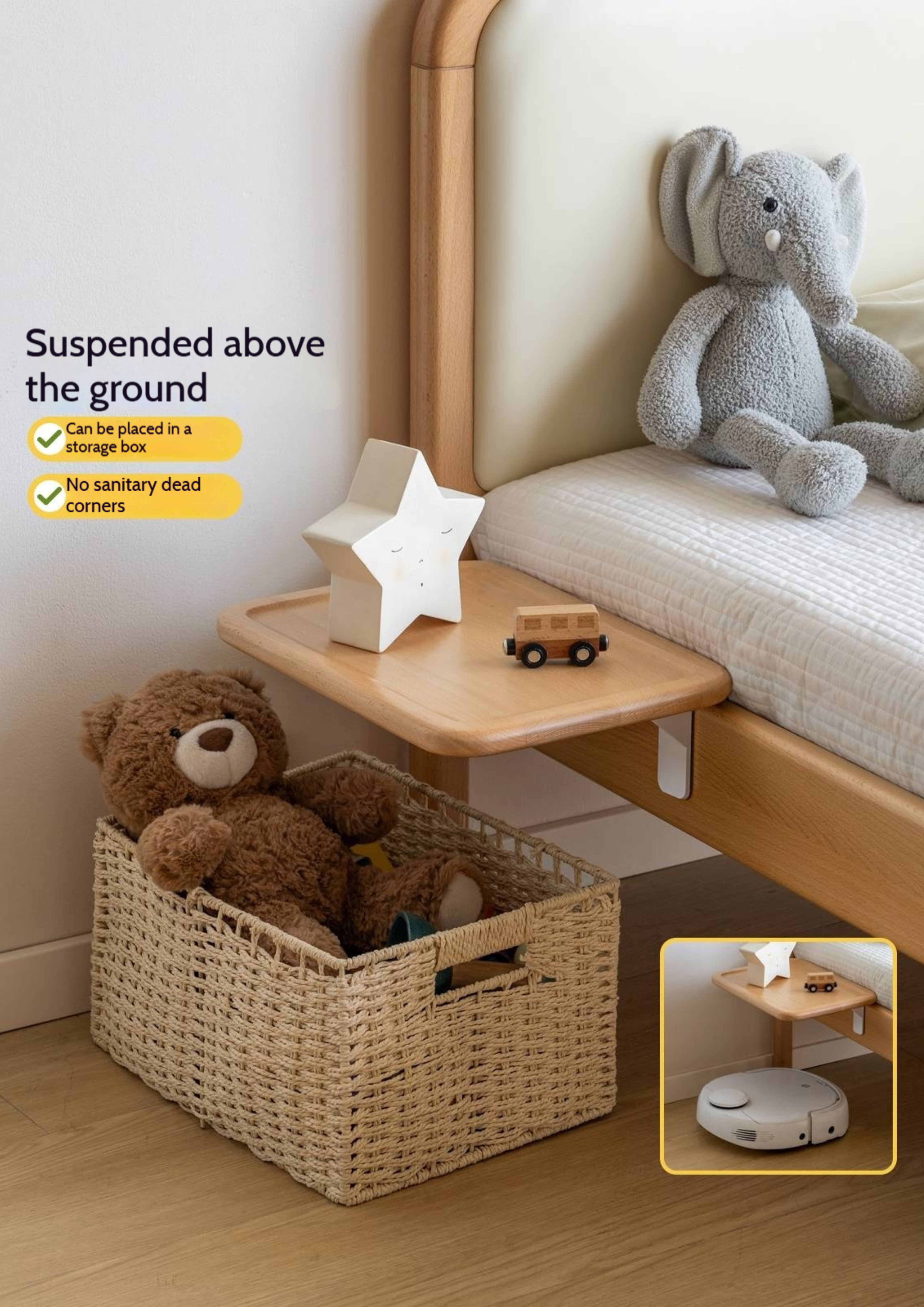 Beech Solid Wood Children's Floating Storage Bedside Shelf