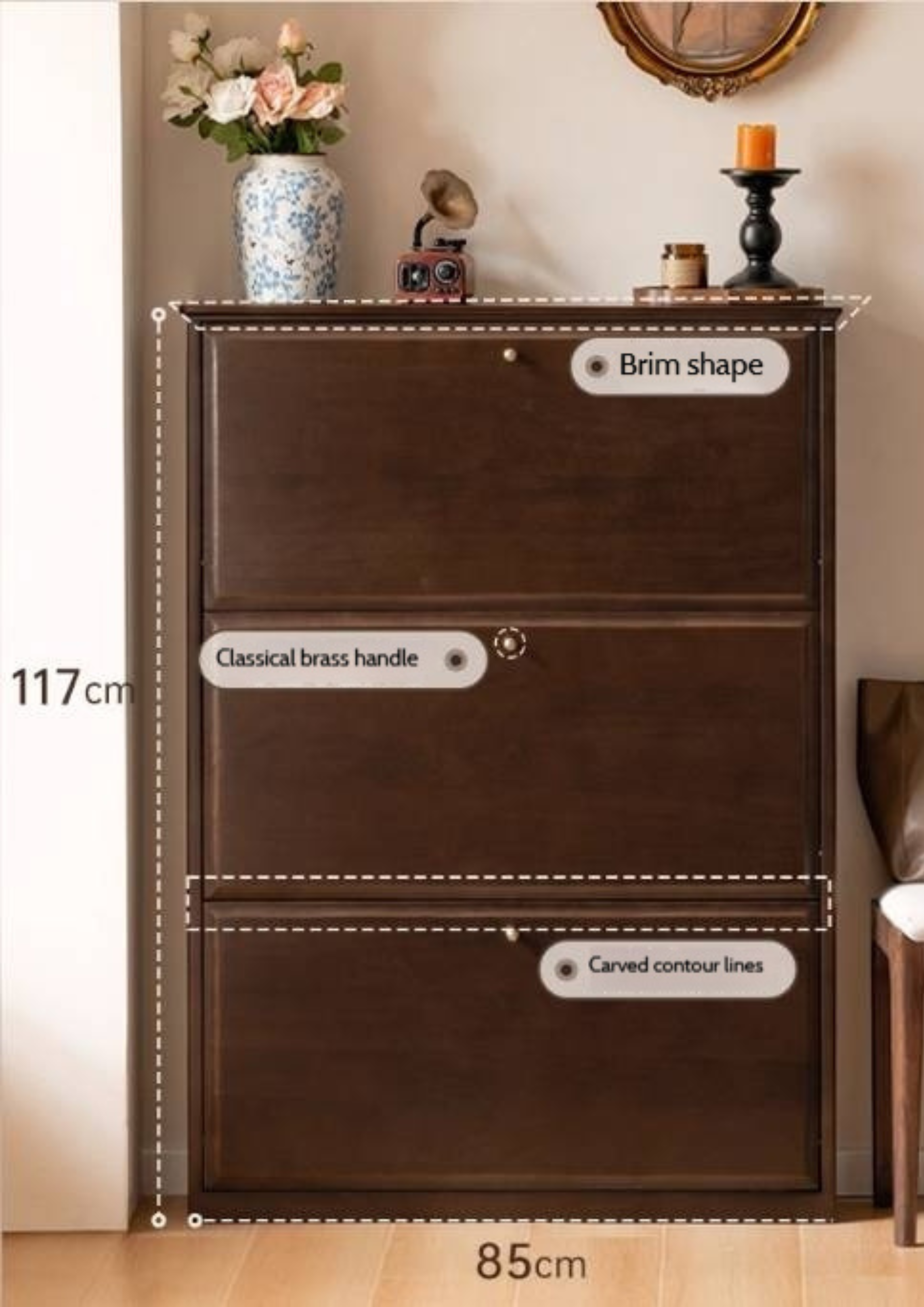 Poplar, Solid Rubber Wood Retro Narrow Shoe Cabinet